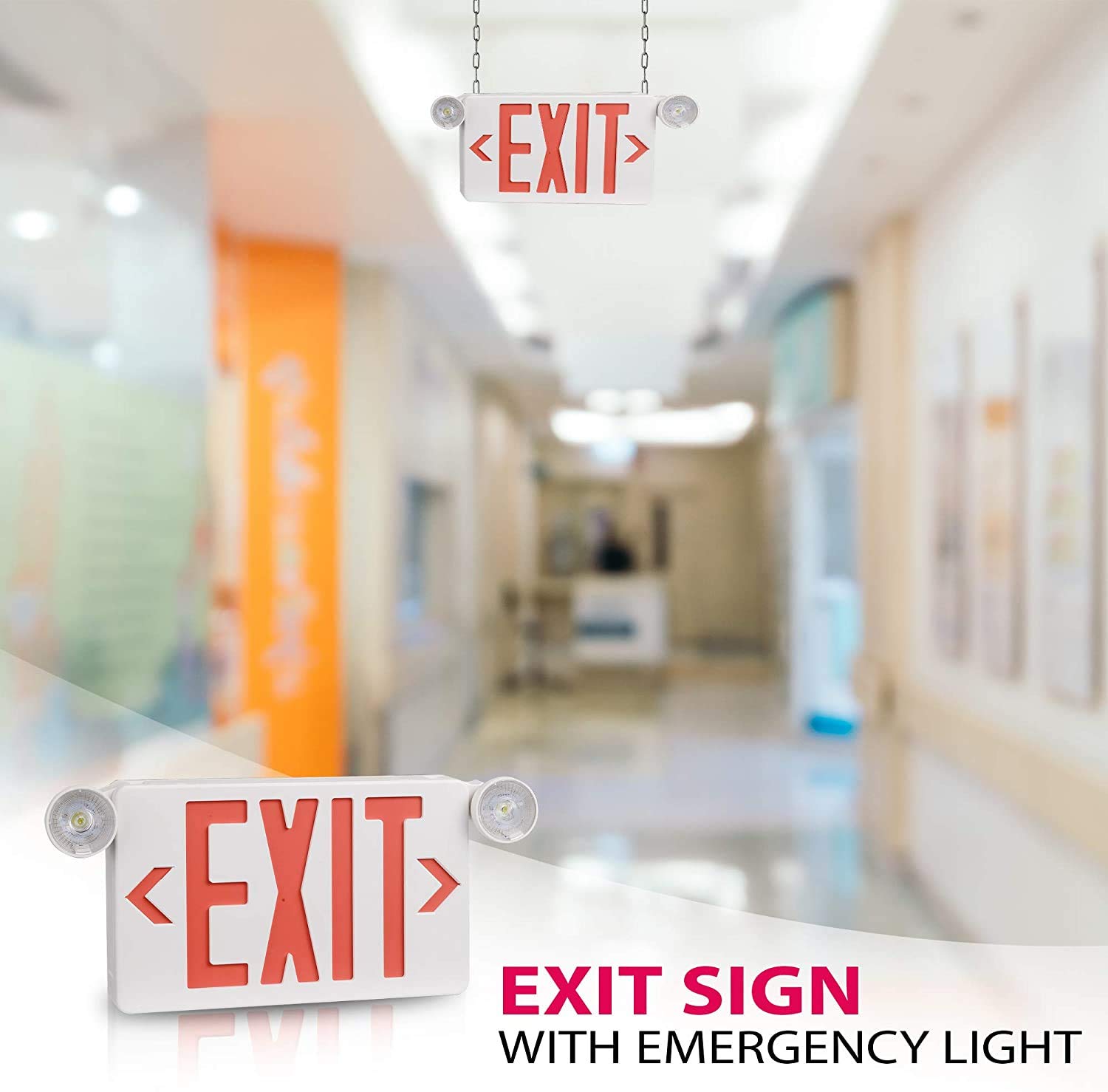 OSTEK Red LED Exit Sign with Emergency Lights - UL-Listed 120-277V Battery Backup, Dual Adjustable LED Heads, ABS Fire-Resistant - Perfect for Commercial Buildings, Warehouses & Emergency Exits