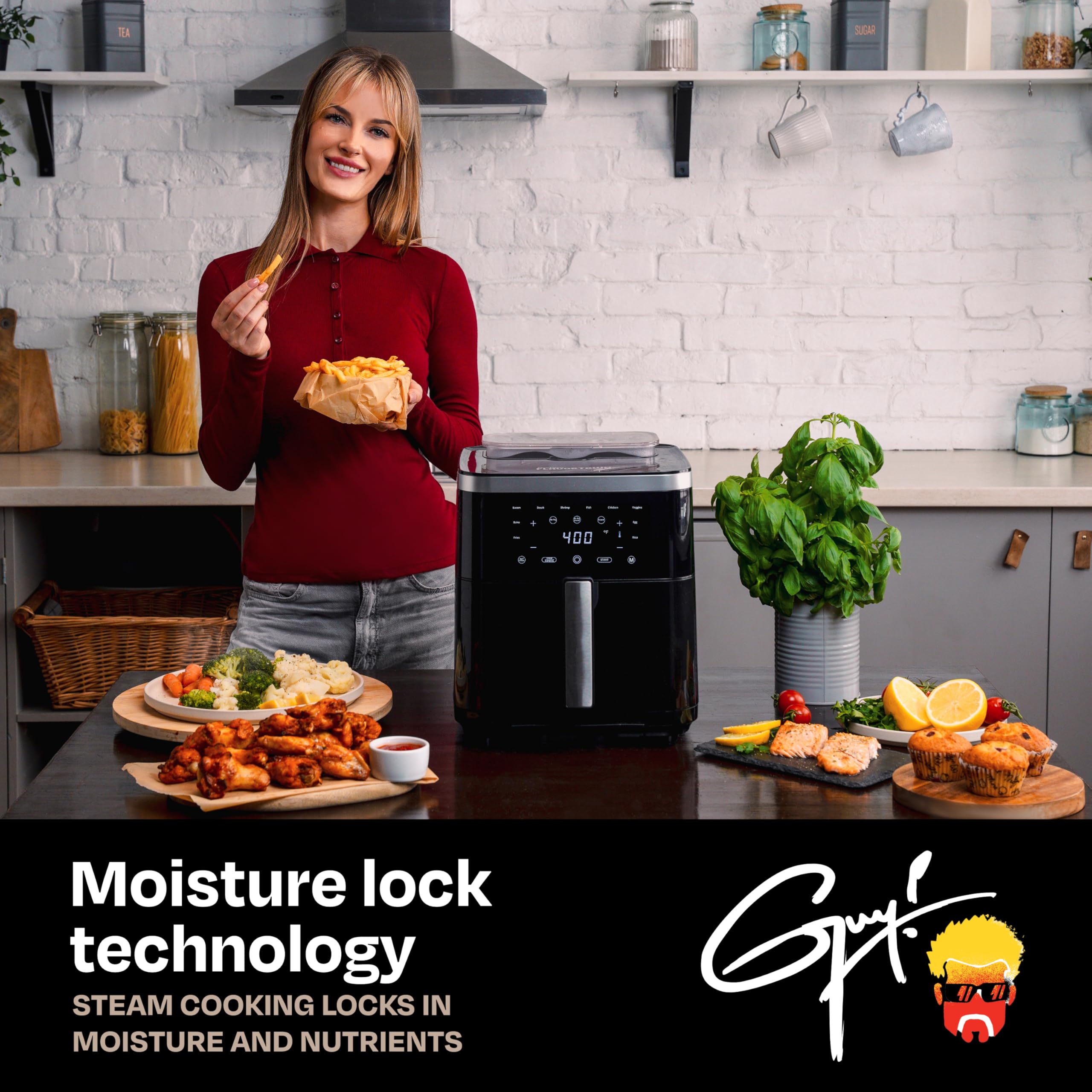 Guy Fieri's Flavortown 6.5 Quart Steam Air Fryer with Moisture Lock Technology – Programmable Steamer & Air Fryer Combo, 1700W, 10 Presets, Precise Temp Control – Perfect for Healthy Cooking, Crispy Snacks & Family Meals