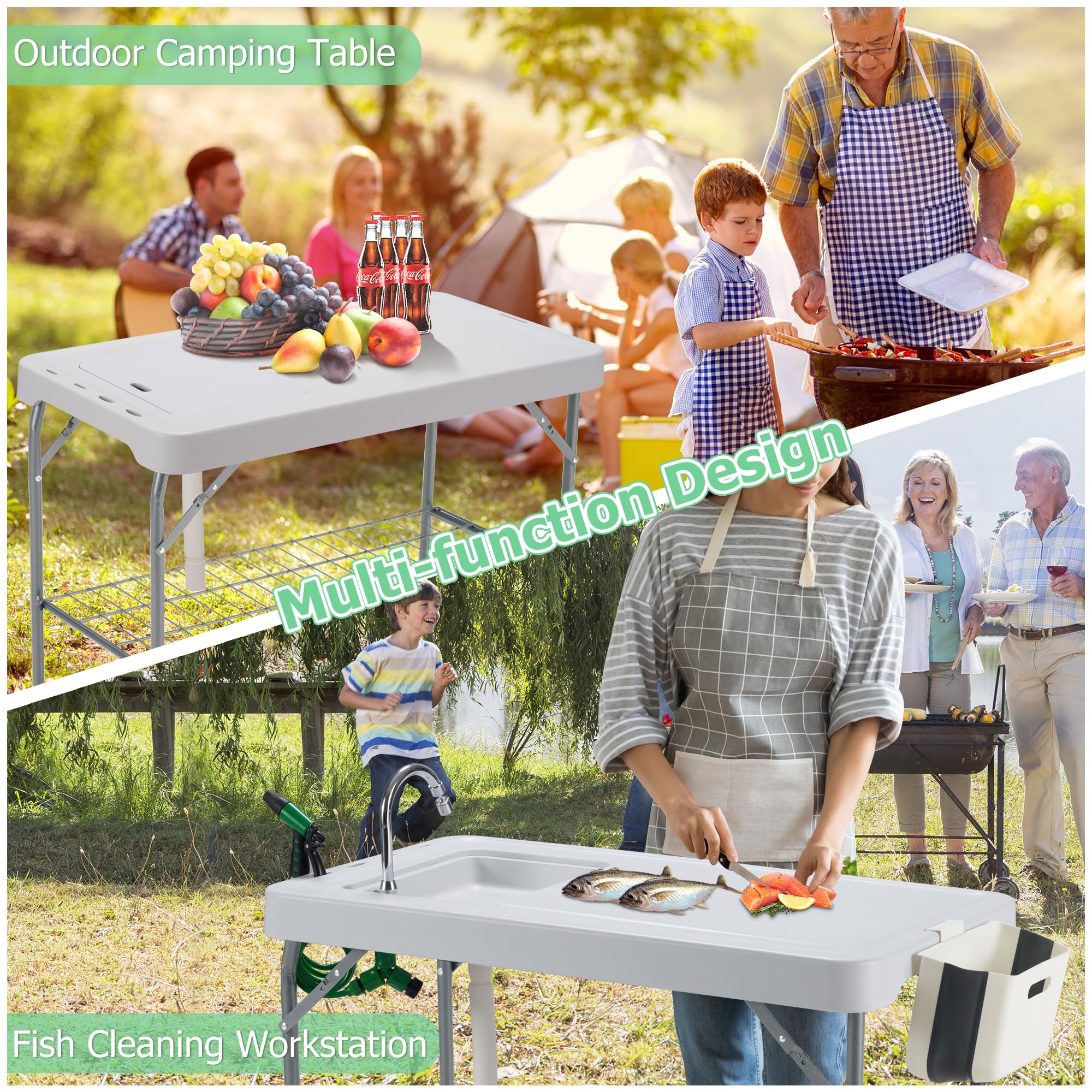 Dragosum Portable Outdoor Sink & Fish Cleaning Table with Faucet, Hose Hook & Grid Rack - Includes 7pc Fish Cleaning Kit - Perfect for Camping, Picnics, Beach, Patio & Backyard Use (Grey)