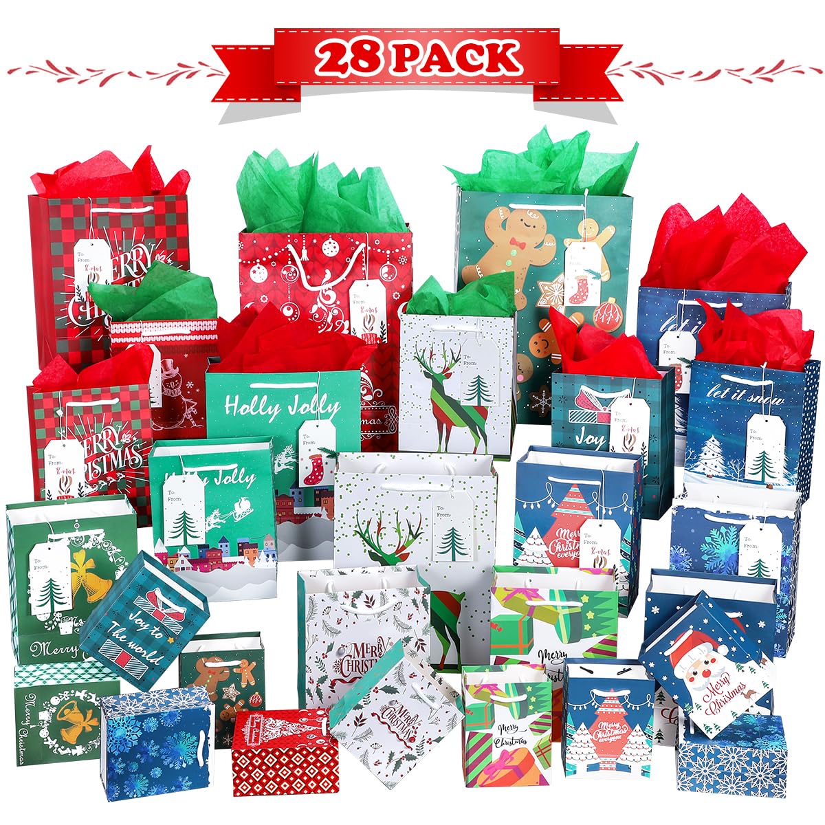 84-Piece Christmas Gift Bags Set with 28 Tissue Papers - 6 Styles Reusable Holiday Gift Bags with Handles (4 Designs) for Xmas Party Favors, Office Gifts & Festive Present Wrapping