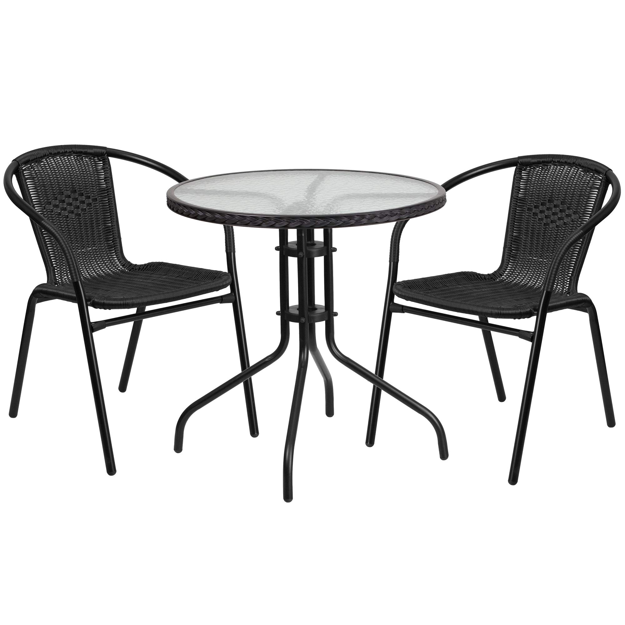3-Piece Black Rattan Round Glass Patio Dining Set with 28.75