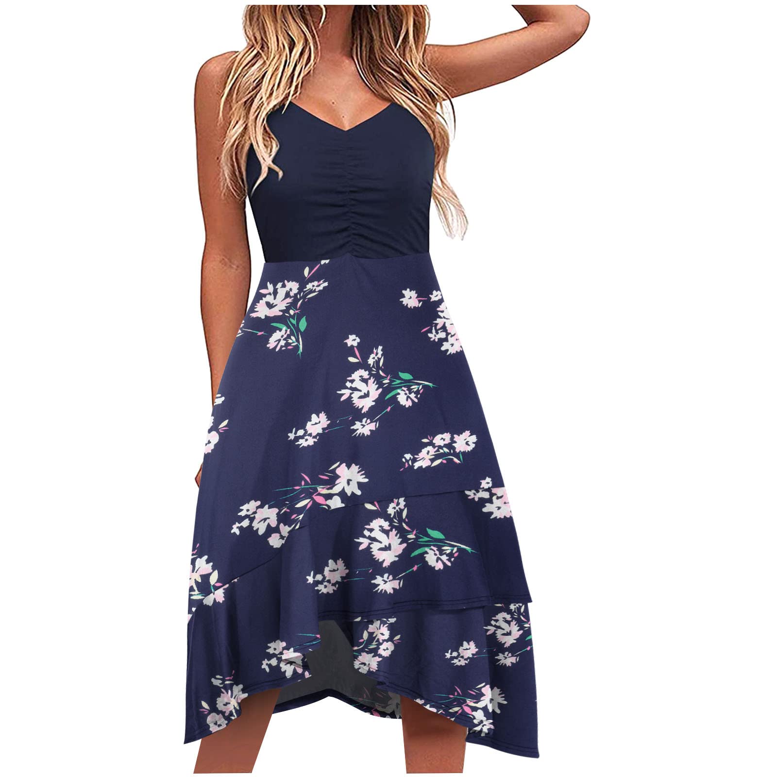 Women's Flowy V-Neck Sleeveless Summer Dress - Floral Print Casual Fit & Flare Knee-Length Beach Dress for Vacation, Party & Outdoor Activities