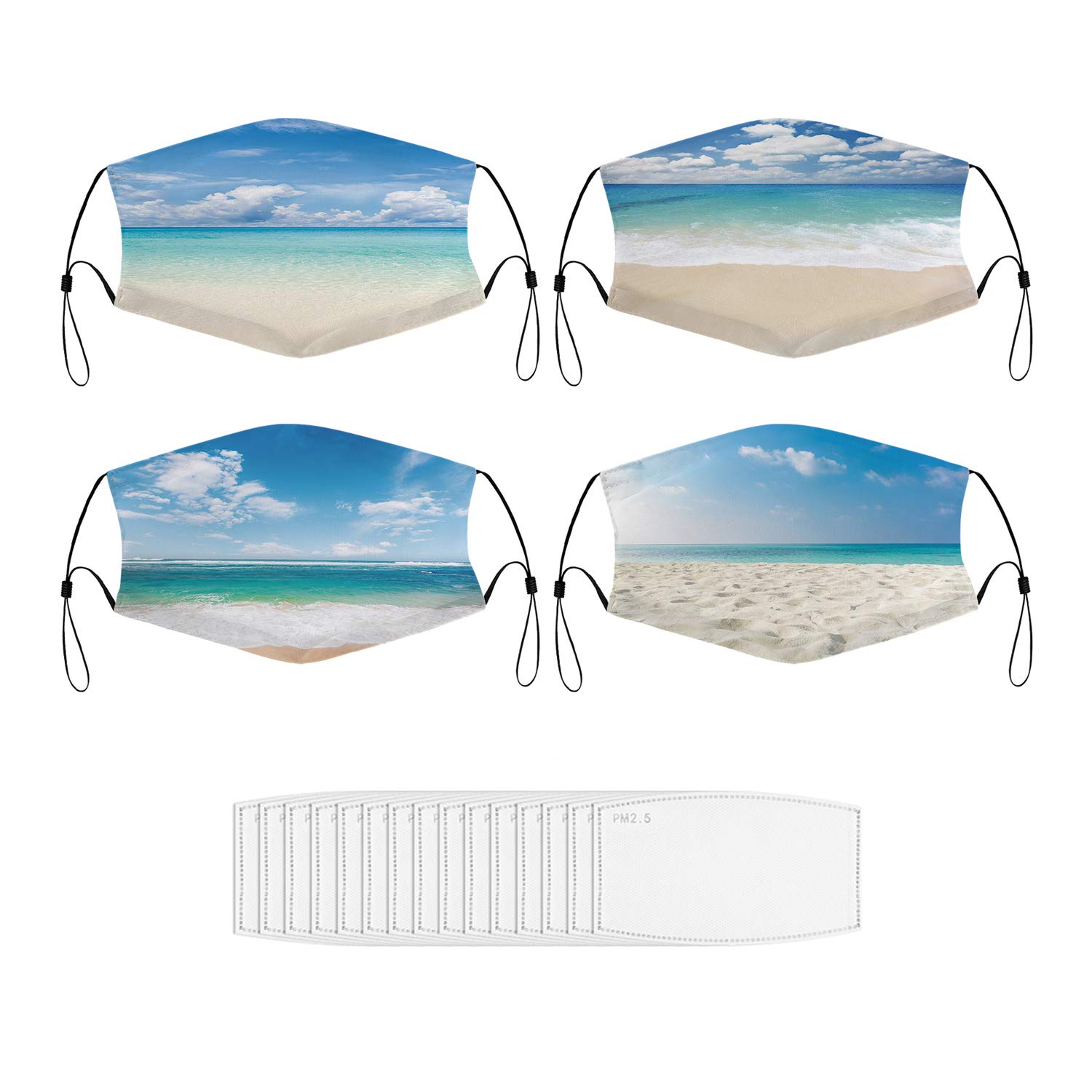 4PCS Reusable Face Masks with 15 Filters - Sunrise Sunset Sea Beach Starfish Design for Daily Use, Outdoor Activities & Travel