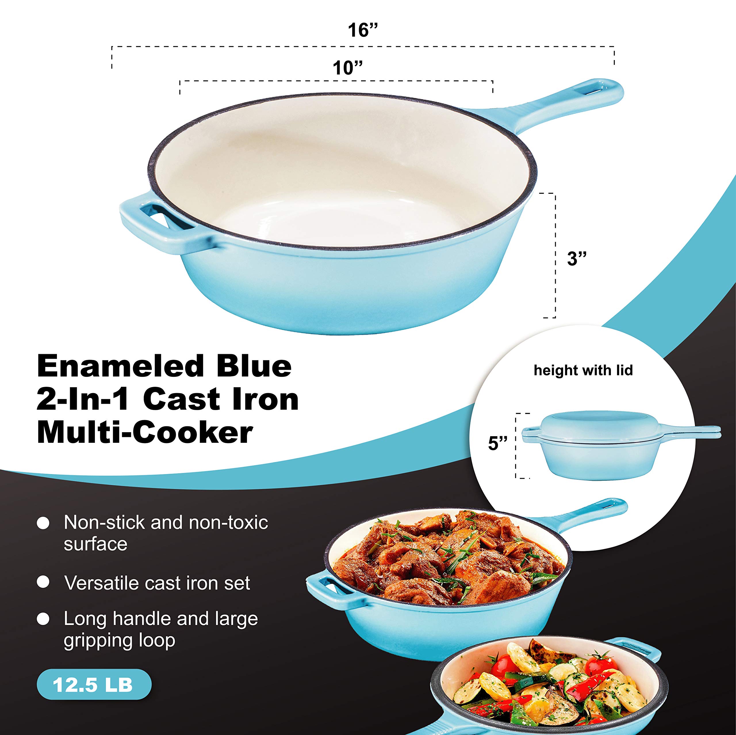 Bruntmor 2-in-1 Blue 3 Quart Pre-Seasoned Cast Iron Dutch Oven with Handle & Mini Skillet - All-in-One Cookware Set for Braising, Frying, Baking - Perfect for Camping, Outdoor Cooking, Backpacking & Home Kitchen Use