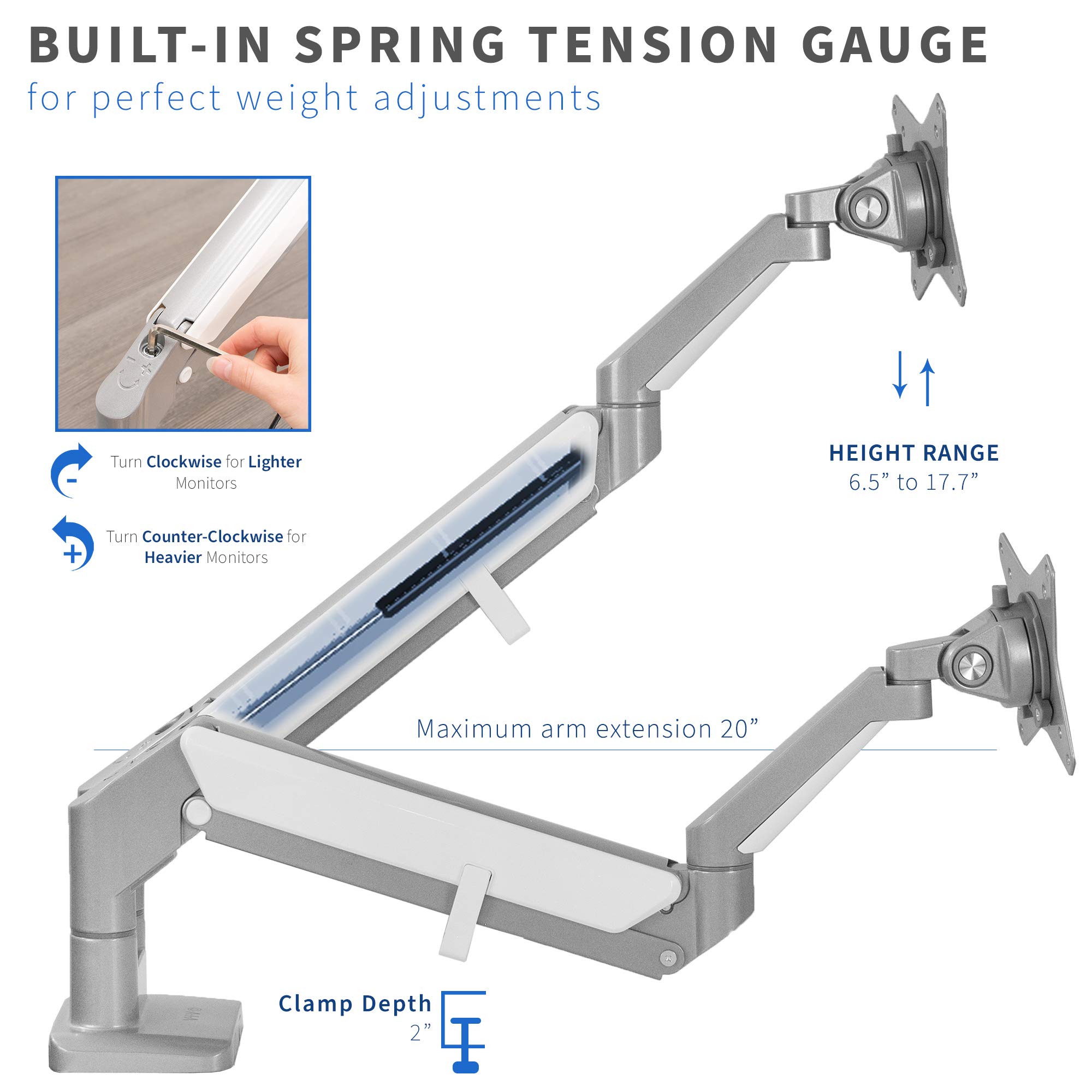 VIVO Dual Monitor Mount Stand for 17 to 32 Inch Screens - Space Saving Pneumatic Spring Arms with Aluminum Clamp-on Desk Mount, Max VESA 100x100 (Silver, STAND-V200A) - Perfect for Home Office, Gaming Setup & Workspace Organization