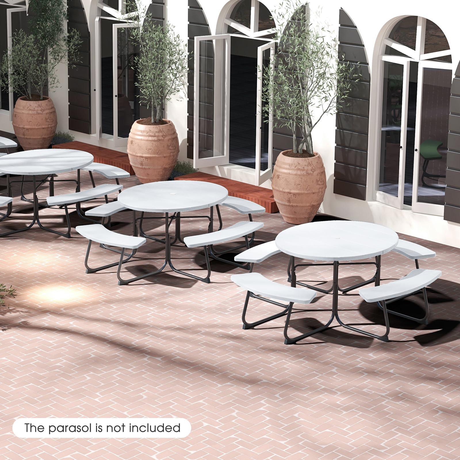 Giantex 8-Person Round Outdoor Picnic Table Set with Umbrella Hole - HDPE Top & Sturdy Metal Frame, 2000LBS Capacity - Perfect for Backyard, Deck, Garden, Patio, and Outdoor Dining (White)