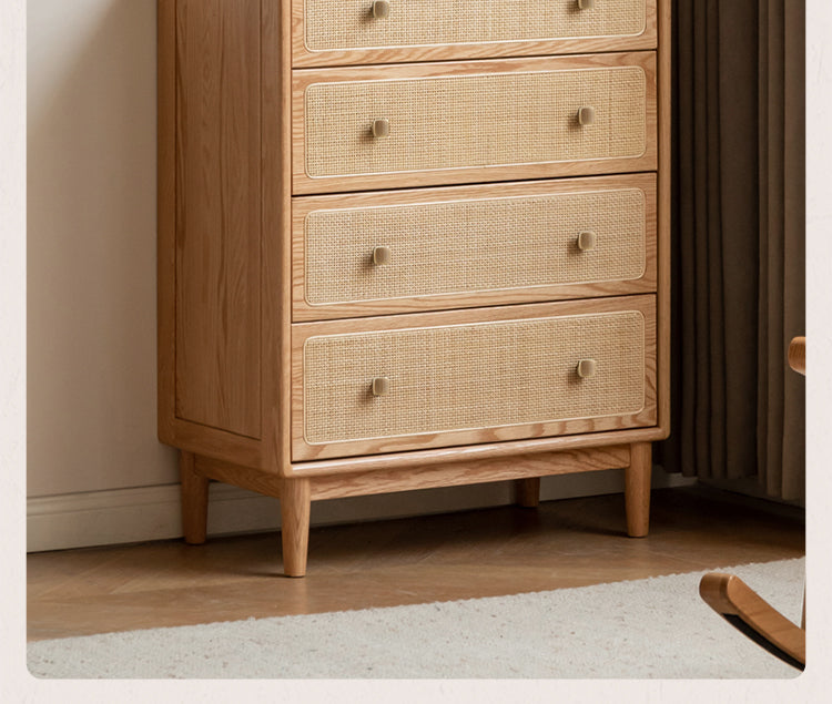 Solid Oak & Black Walnut Wood Cabinet with Rattan Doors - Modern Storage Organizer for Living Room, Bedroom, or Entryway