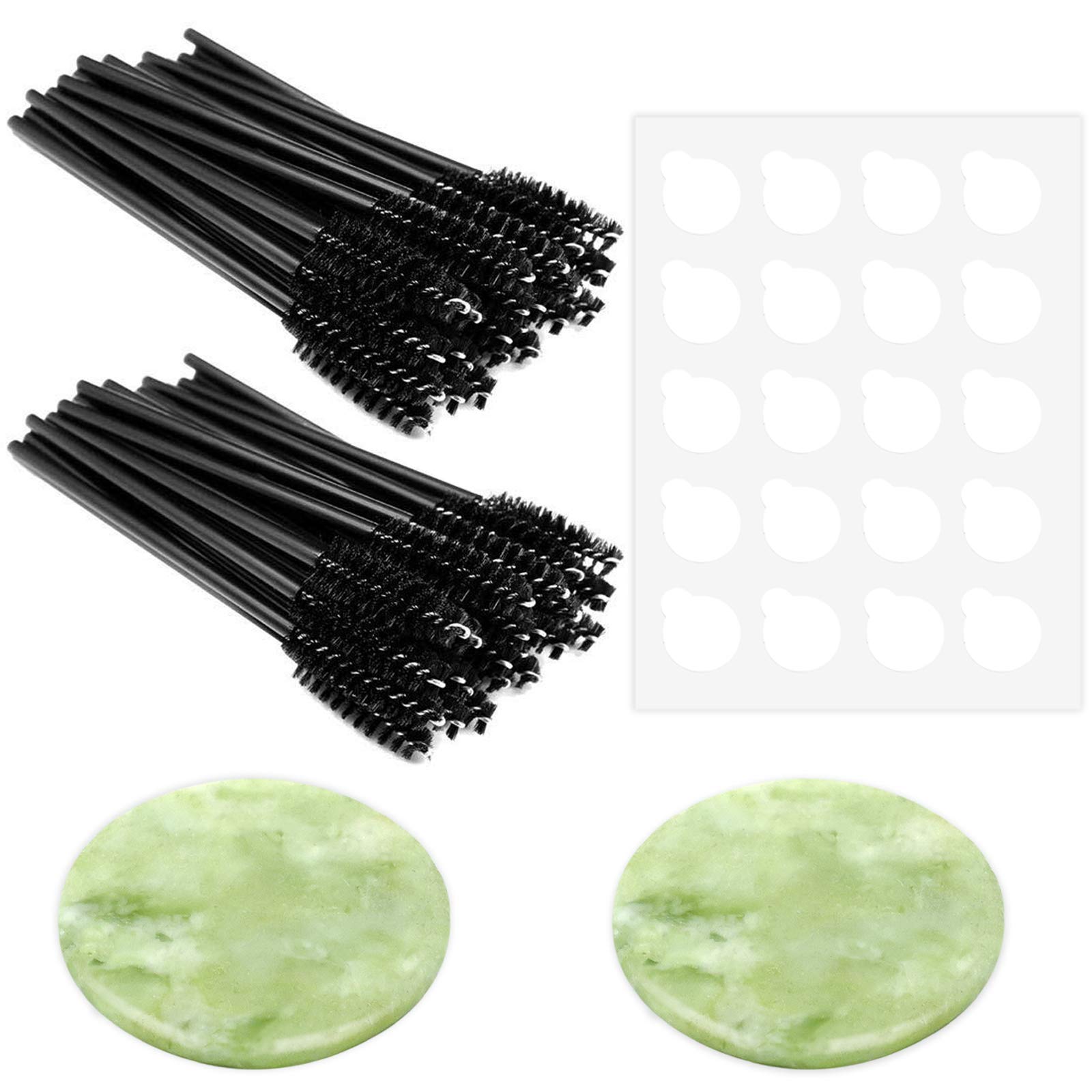 2 Pack Eyelash Extension Jade Stone Holders with 50 Mascara Brushes & 20 Adhesive Glue Pallets - Professional Fake Eyelash Applicator Kit for Lash Extensions, Makeup Artists & DIY Beauty (Perfect for Salon, Home Use & Travel)