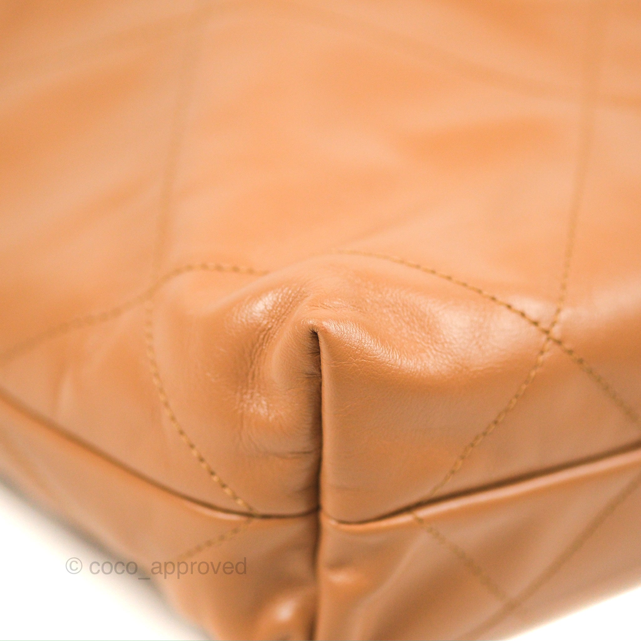 Chanel 22 Small Handbag in Caramel Beige Shiny Calfskin Leather with Aged Gold Hardware - Perfect for Everyday Use & Luxury Fashion Accessories