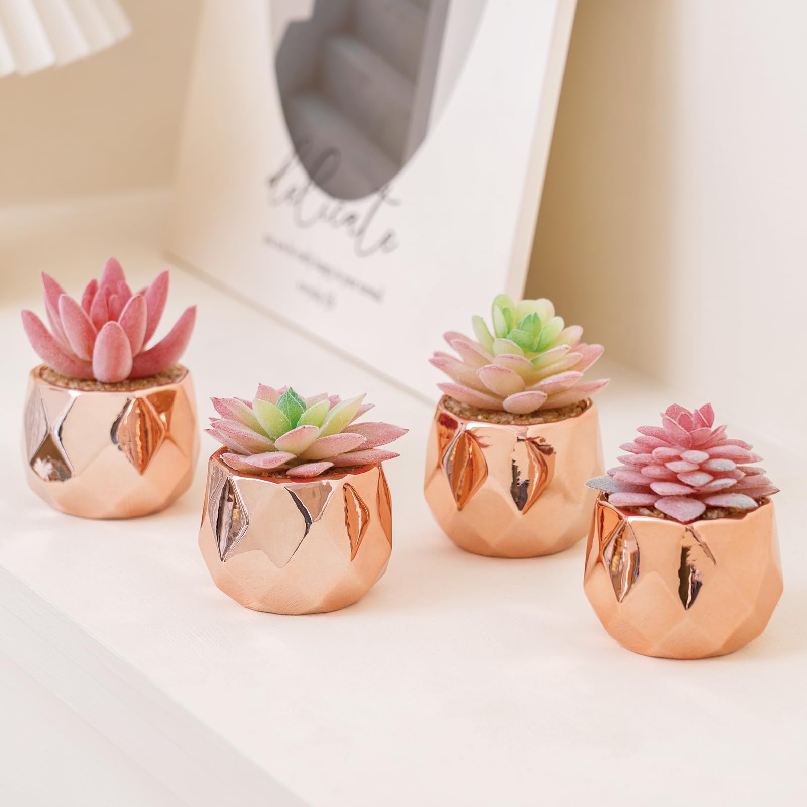 4 Pack Mini Rose Gold Artificial Succulents in Pots - Realistic Fake Plants for Home Office Desk Decor, Window Sill, Bathroom & Bedroom - Perfect Gift for Women & Plant Lovers