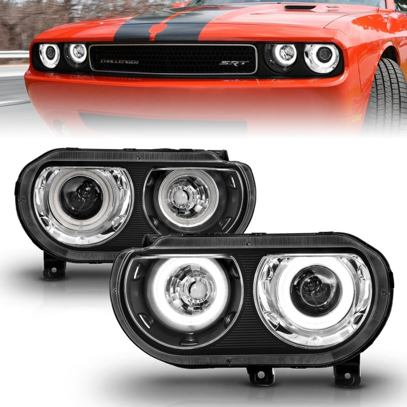 ANZO Black Projector Headlights with Halo Ring - Compatible with Dodge Challenger 2008-2014 | High-Performance LED Lighting for Night Driving & Car Customization