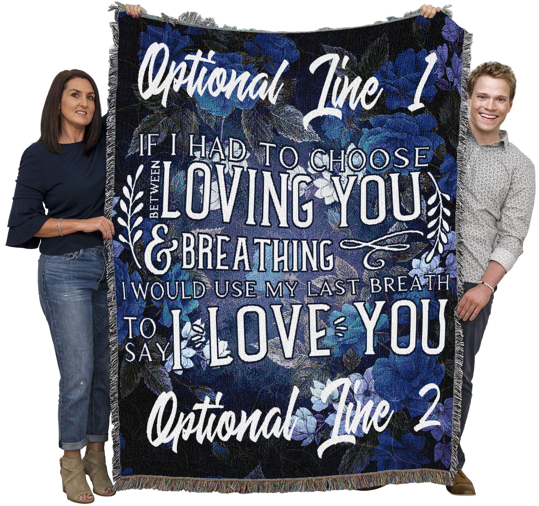 Personalized 'Breathing Loving You' Blue Cotton Woven Throw Blanket 72x54 - Custom Gift Tapestry Made in USA - Perfect for Anniversaries, Weddings & Cozy Home Decor