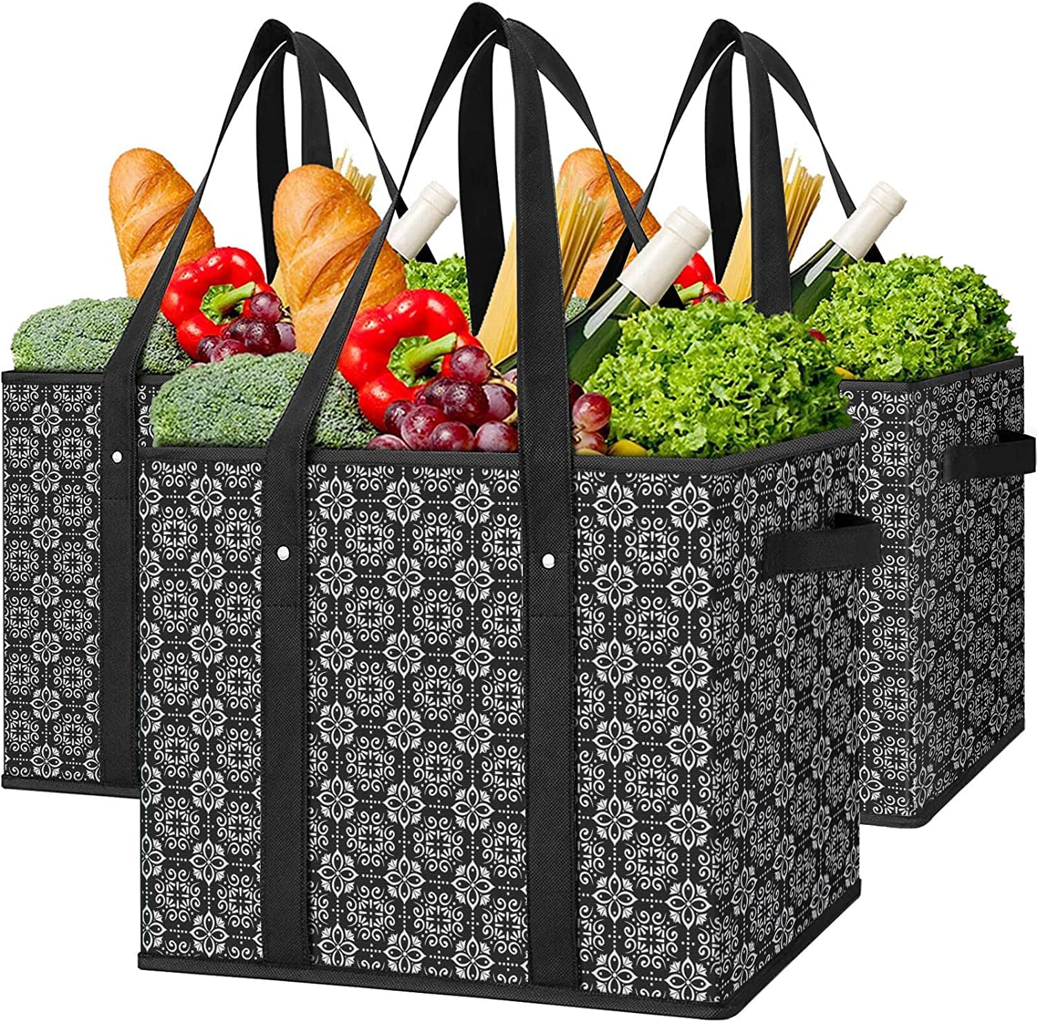 WISELIFE Reusable Grocery Bags 3 Pack - Large Water Resistant Shopping Tote Bags, Foldable Grocery Bags for Clothes, Toys, Shoes & Picnic - Perfect for Grocery Shopping, Travel, Beach & Outdoor Activities (Black)