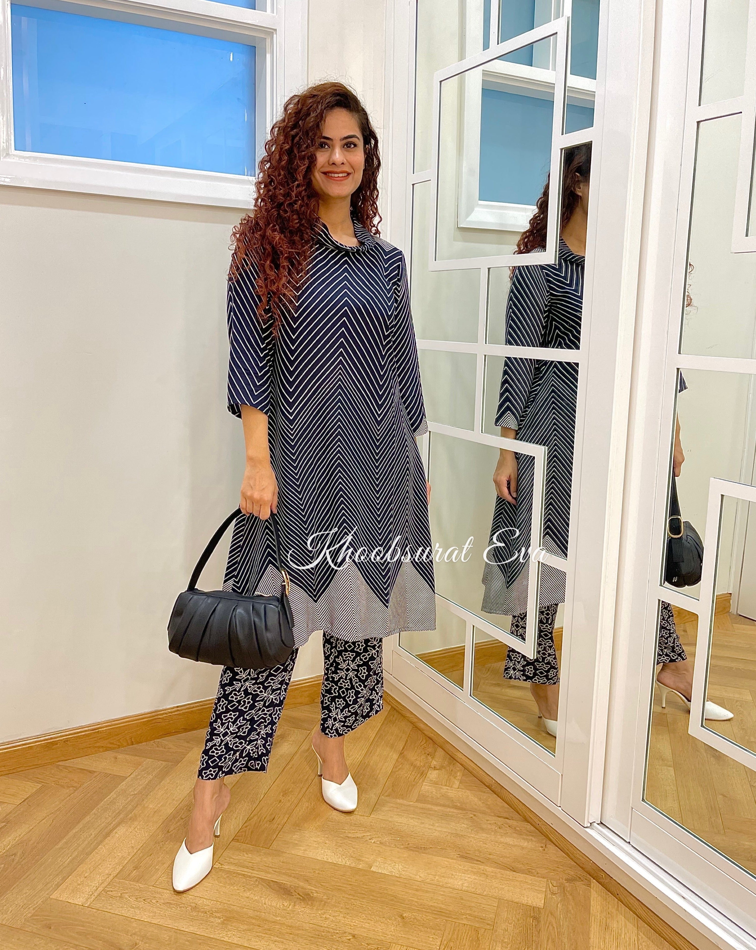 Navy Printed Versatile Coord Set for Women - Stylish Matching Outfit for Casual Wear, Travel & Everyday Fashion