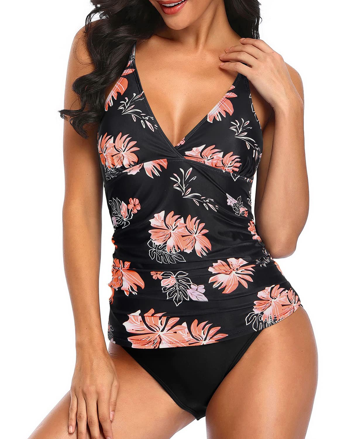 Holipick Women's Tummy Control Two Piece Tankini Swimsuit - V Neck Tankini Top & Swim Bottom for Beach, Pool & Summer Vacations