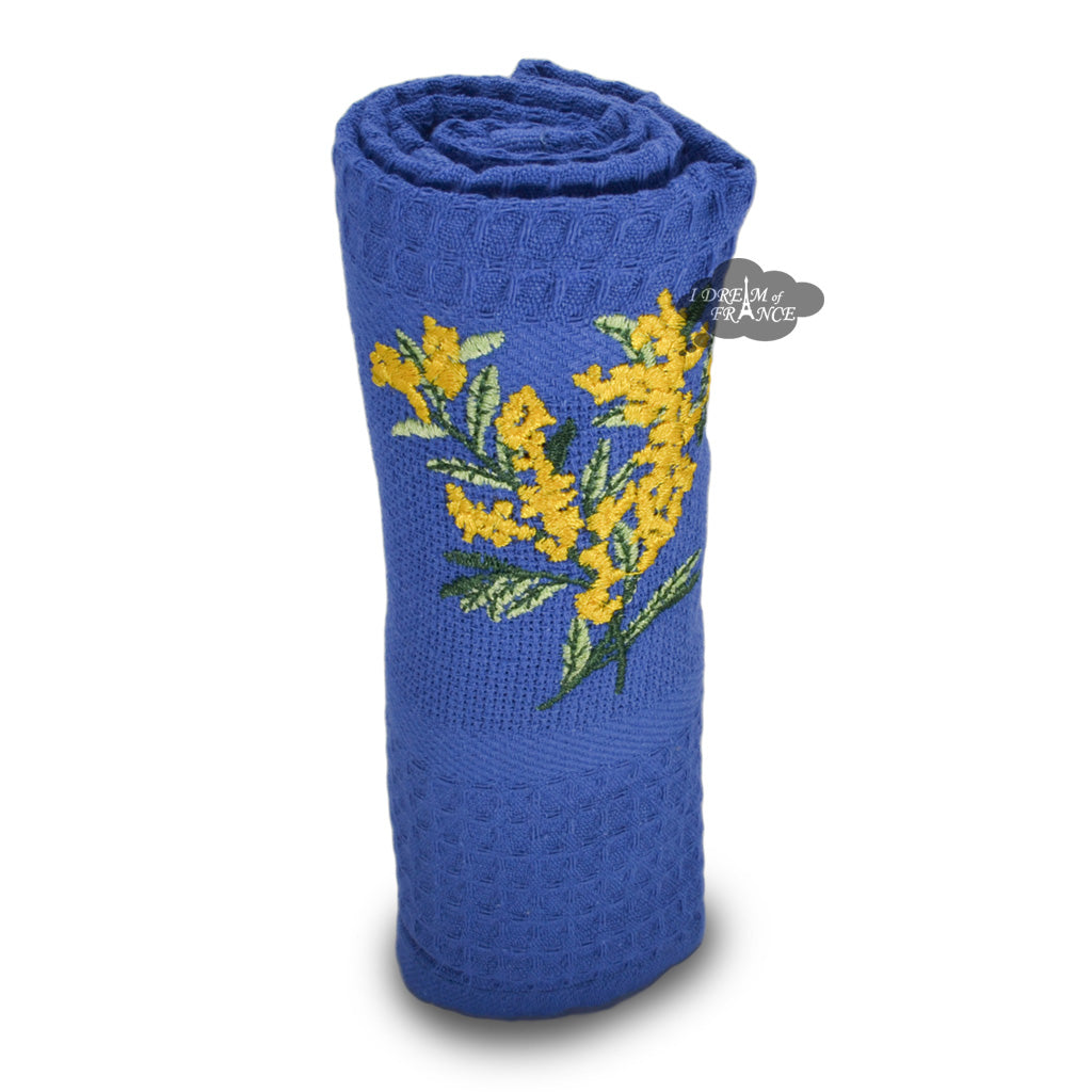 Coton Blanc Provence Mimosa Blue Waffle Weave Kitchen Towel - Absorbent & Durable Dish Towels for Cooking, Baking & Kitchen Decor