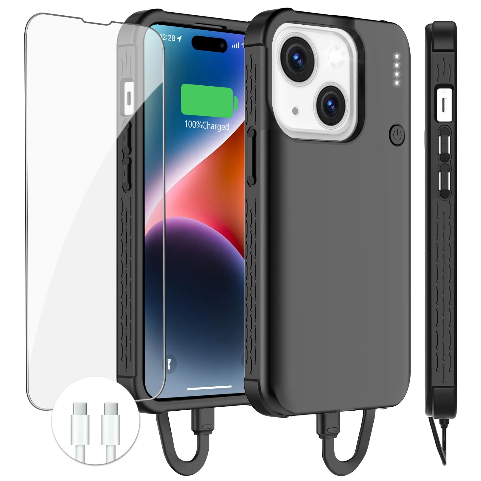 GIN FOXI 7000mAh Battery Case for iPhone 15 & iPhone 15 Pro - 15W Fast Charging Portable Power Bank with Built-in Cable | 2024 Exclusive Edition Protective Cover | Perfect for Travel, Work & Outdoor Activities (Black)
