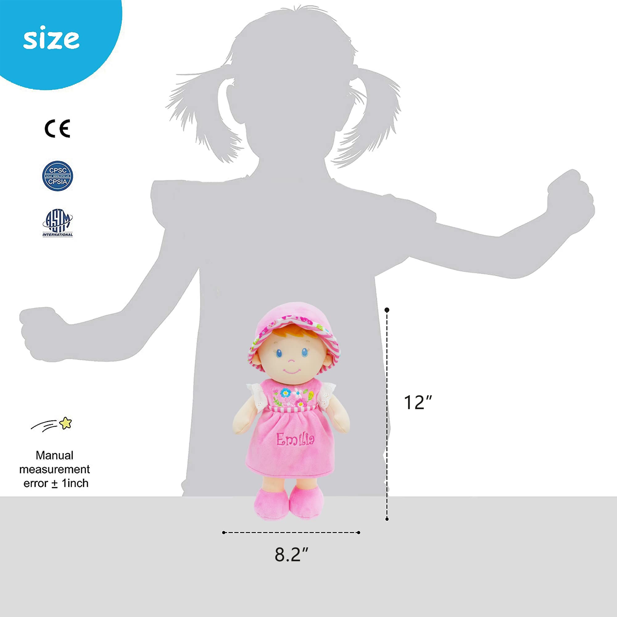 June Garden Personalized Soft Dolly Emilia - Custom Name Stuffed Baby Doll for Newborns & Toddlers with Pink Dress | Perfect Gift for Birthdays, Christenings & Nursery Decor