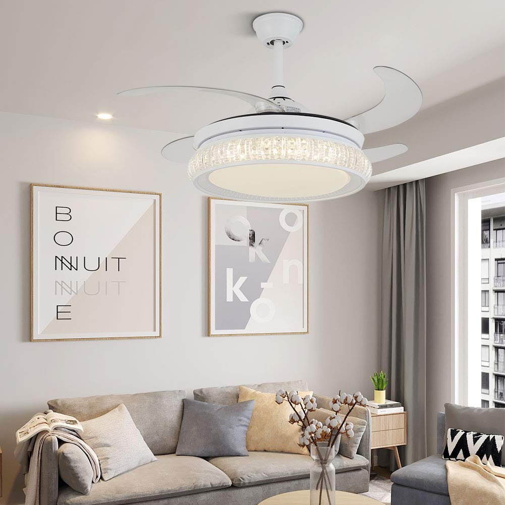 42 Inch Crystal Ceiling Fan with Lights - Retractable Blades, Pure Copper Motor, 3 Speeds & 3 Color Temperatures - Perfect for Living Room, Dining Room & Bedroom (Indoor Use)