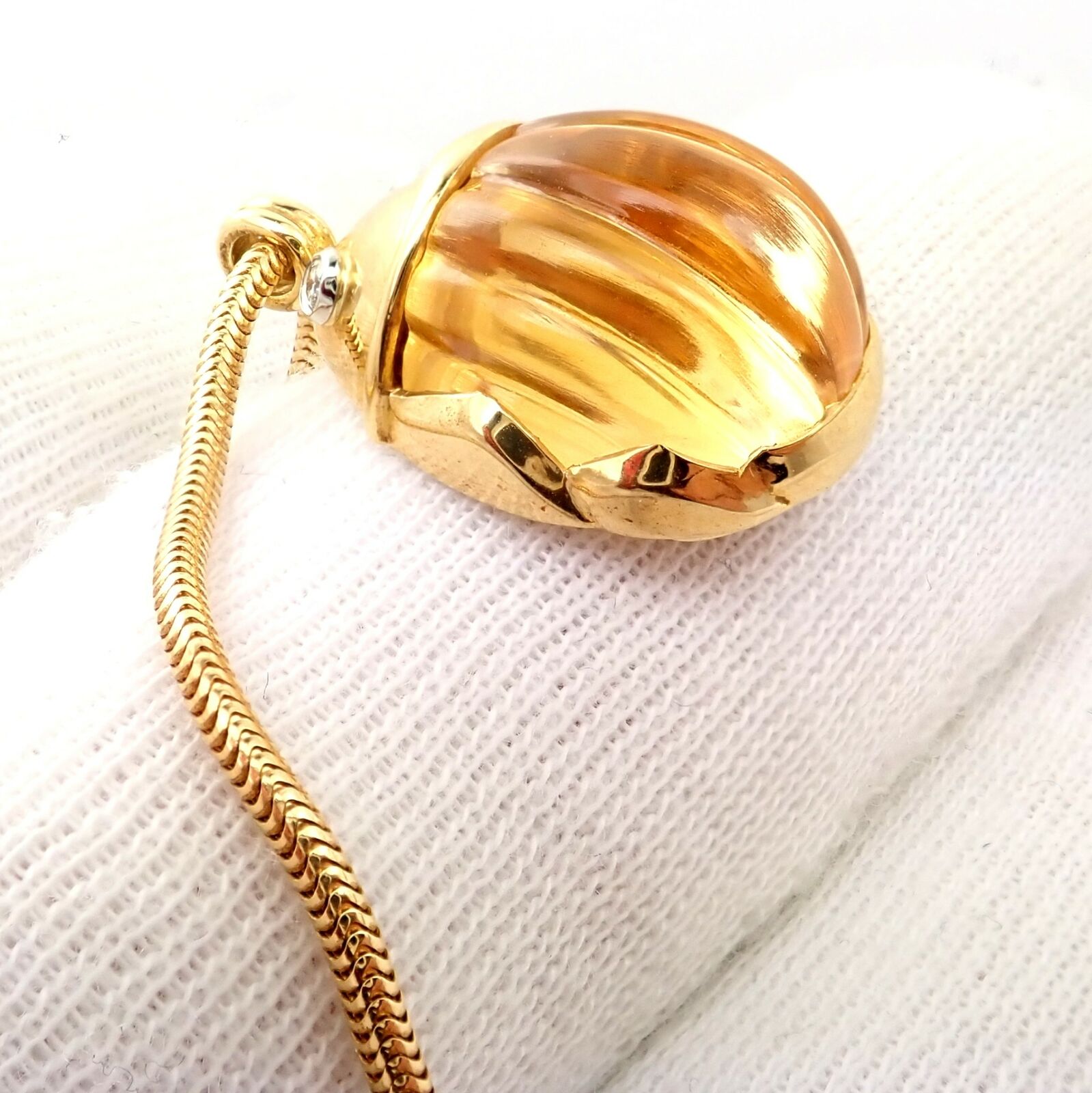 Tiffany & Co Platinum 18k Gold Carved Citrine Diamond Scarab Necklace - Vintage Luxury Jewelry for Women, Perfect for Weddings, Anniversaries & Special Occasions