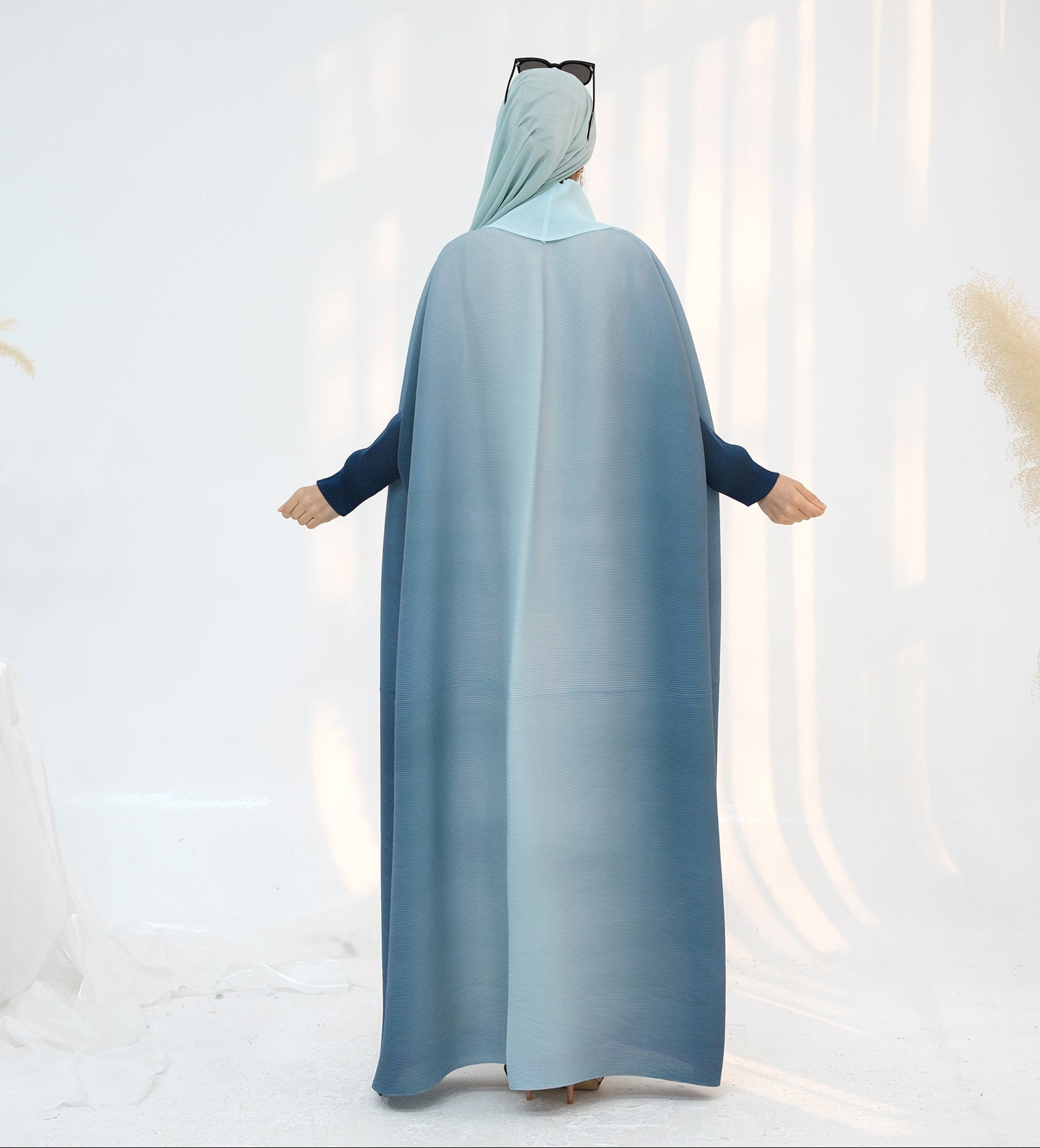 Elegant Pleated Ombre Kimono Open Abaya Dress - Blue Flowy Maxi Robe for Women | Perfect for Beach Cover Up, Evening Parties & Boho Fashion