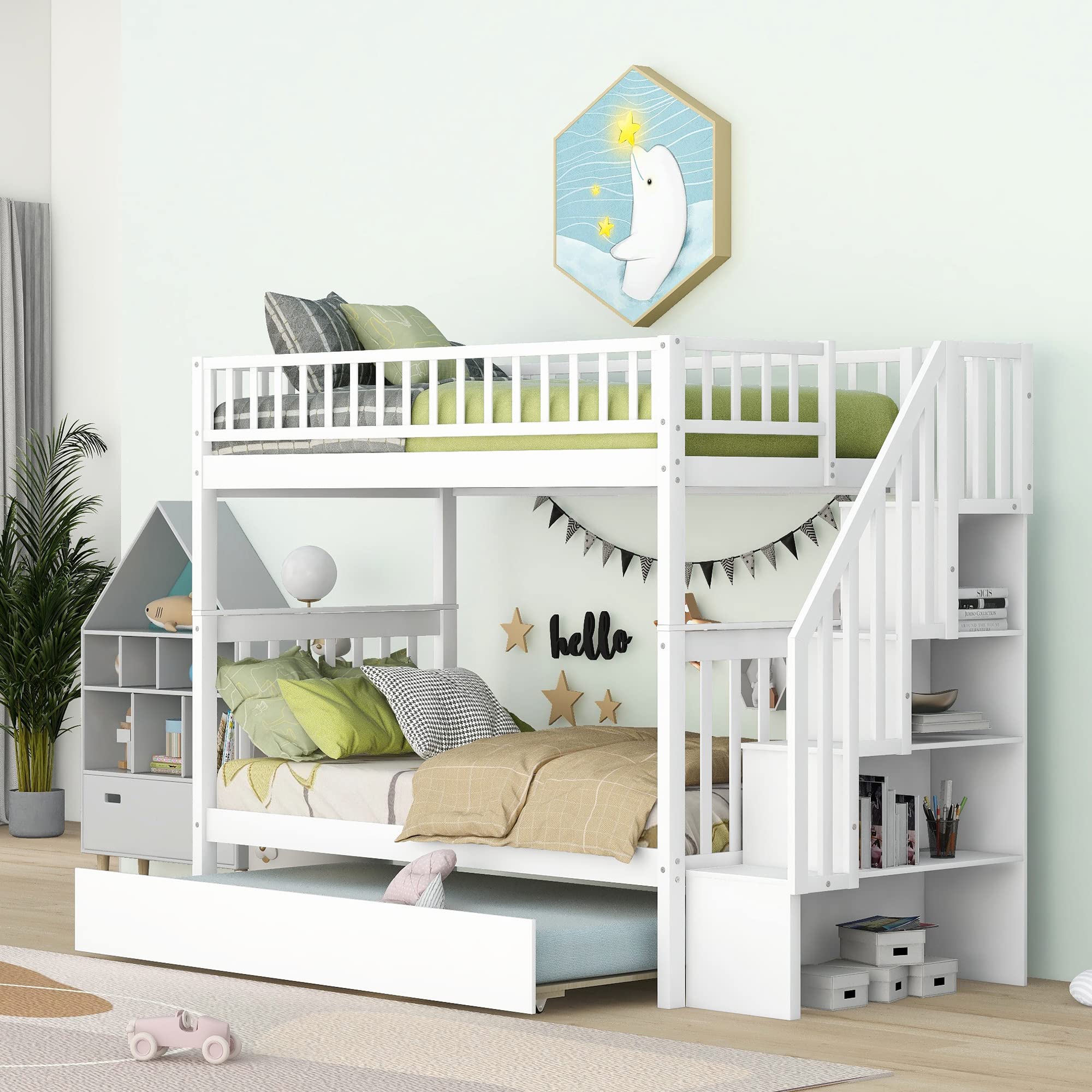 Harper & Bright Designs Twin Over Twin Solid Wood Bunk Bed with Trundle & Stairs - Space Saving Kids, Teens & Adults Bedroom Furniture (White) - Perfect for Small Rooms, Guest Rooms & Shared Kids' Bedrooms