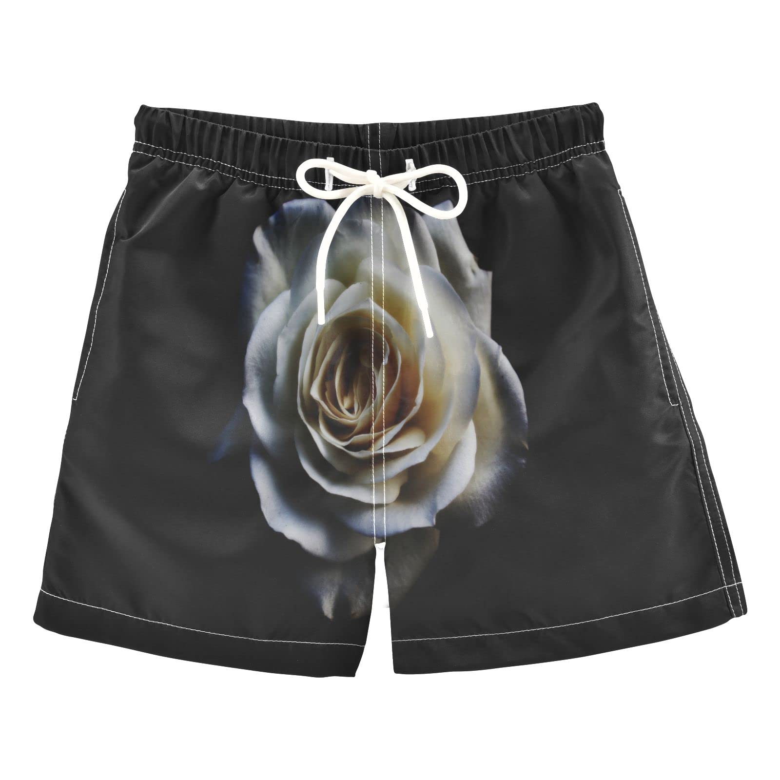 **Boys' Quick-Dry White Rose Swim Trunks with Mesh Lining - Adjustable Waist Beach Shorts for Swimming, Pool & Summer Activities**
