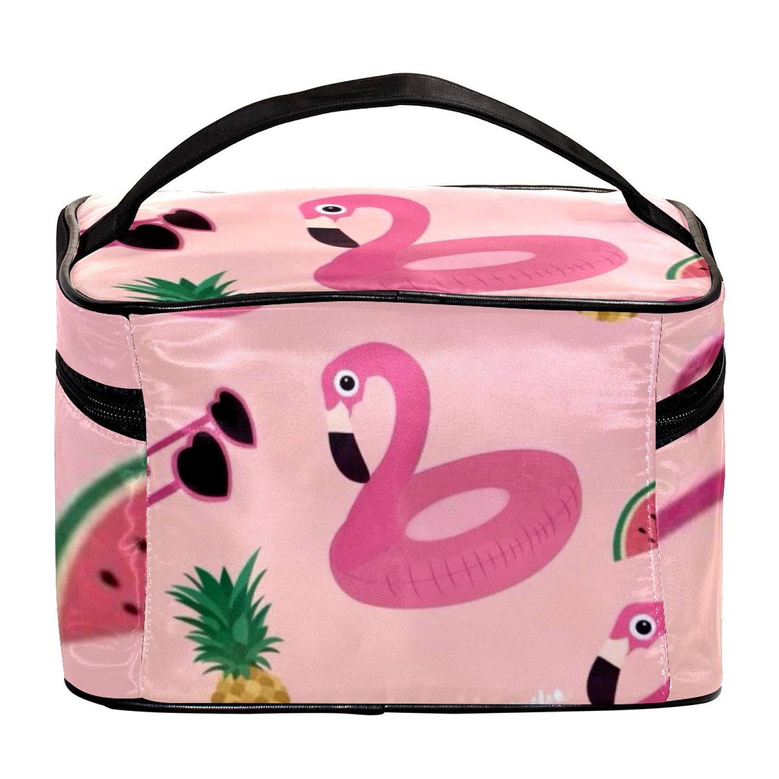 Stylish Tropical Flamingo Pineapple Watermelon Print Sunglasses & Large Cosmetic Travel Bag Set - Waterproof Makeup Case Organizer with Zipper for Women & Girls | Perfect for Beach Vacations, Pool Parties & Summer Travel Accessories