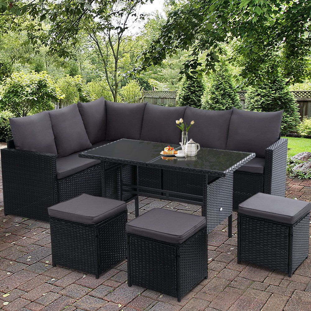 9-Piece Black Wicker Outdoor Patio Furniture Set - Perfect for Garden, Poolside, and Backyard Relaxation