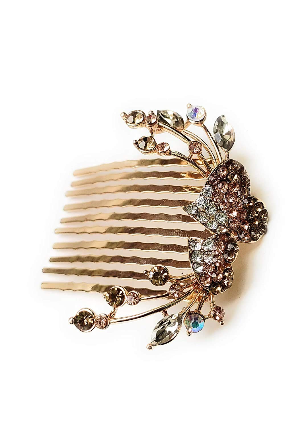 Elegant Rose Gold & Golden Mixed Crystal Double Heart Wedding Tiara Headpiece – Bridal Hair Side Comb for Women, Girls & Teens – Perfect for Weddings, Prom, Parties & Special Occasions (Pack of 1)