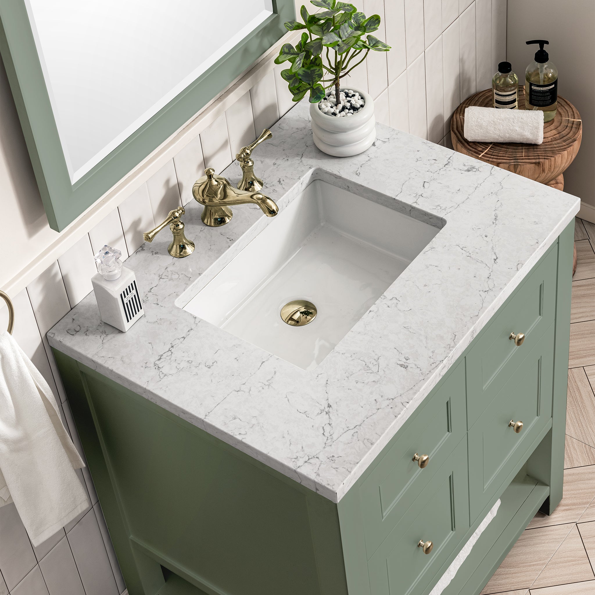 Breckenridge 30 Inch Single Bathroom Vanity with Smokey Celadon Finish and 3CM Arctic Fall Quartz Top - Perfect for Modern Bathroom Remodeling and Home Renovation Projects