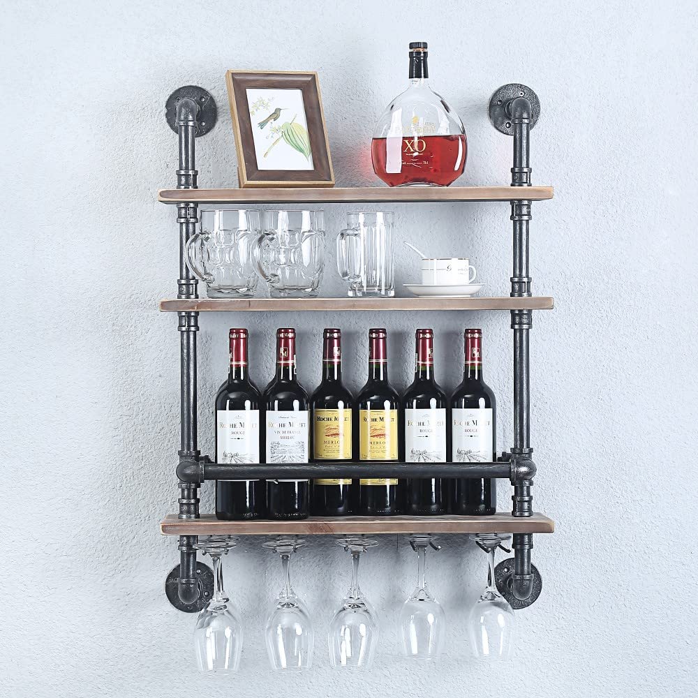 Industrial Pipe Shelf Wine Rack - 24in Wall Mounted Rustic Floating Bar Shelves with 5 Stem Glass Holder, Real Wood Kitchen Wall Shelf Unit, 3-Tier Steam Punk Pipe Shelving for Wine & Glass Storage - Perfect for Kitchen, Dining Room, Bar, and Home Decor