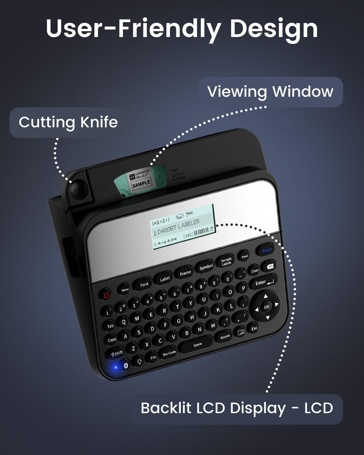 Bluetooth Label Maker D480BT - Rechargeable Label Printer with QWERTY Keyboard & Backlit LCD | Compatible with PC & Smartphone | 3/4 Inch Label Tape | Perfect for Home, Office, Warehouse & Craft Organization