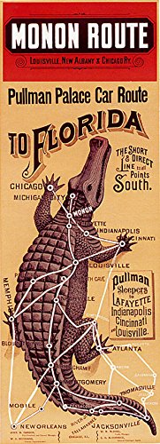 Vintage Travel Poster Reproduction - Monon Route & Crocodile Route to Florida, Chicago, Jacksonville, New Orleans - 6x16 Inch Wall Art for Home Decor, Office, or Gift