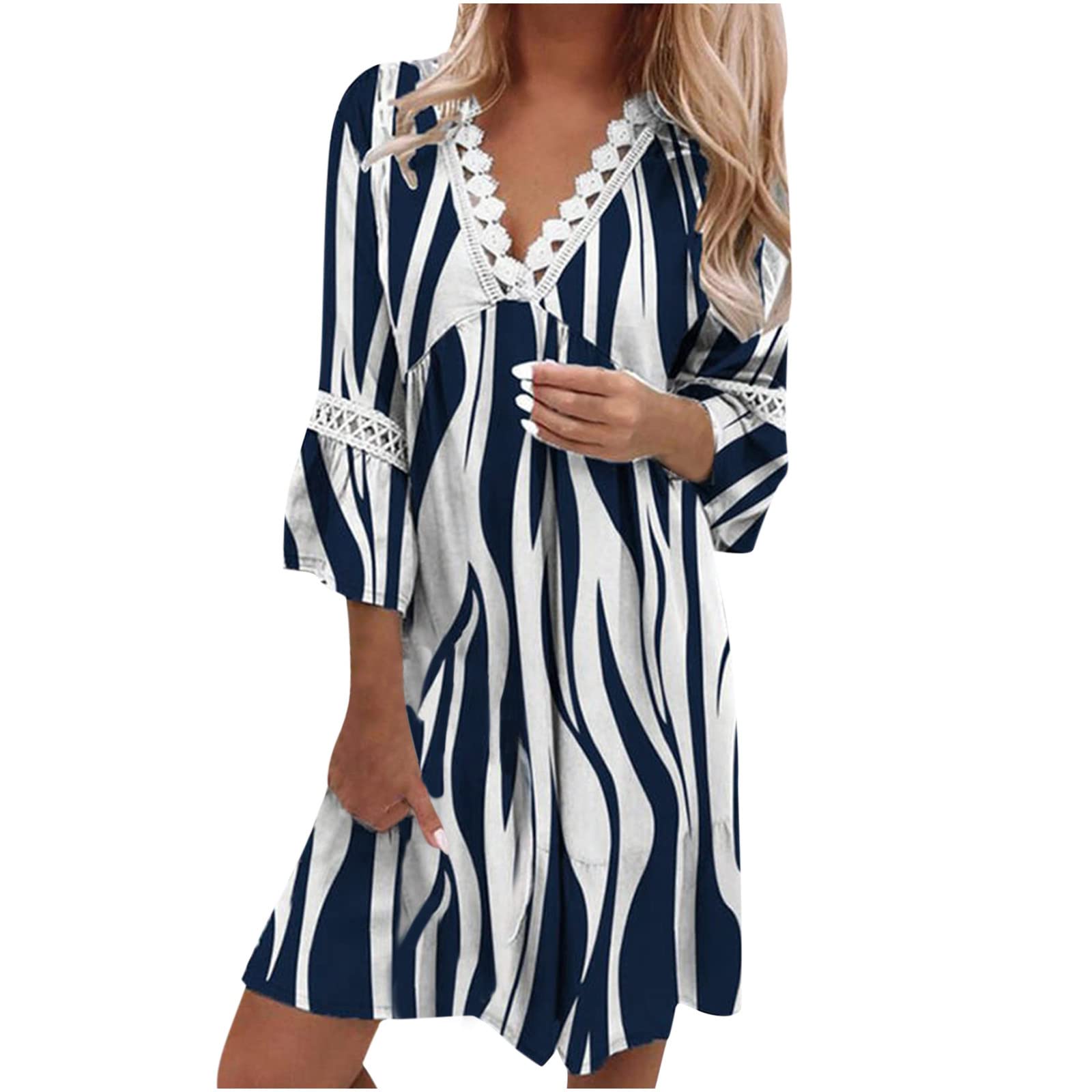 Boho Paisley Print Women's 3/4 Sleeve Lace Trim V-Neck Swing Tunic Midi Dress - Casual Summer Beach Party & Vacation Outfit