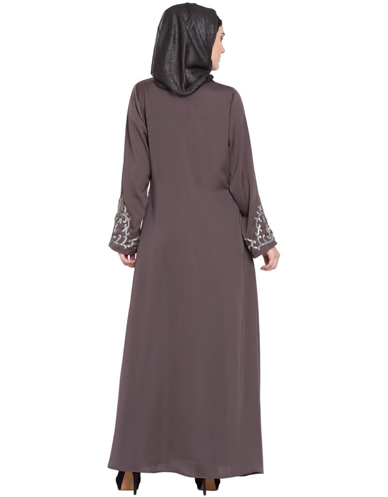 Elegant Arabic Full Hand Embellished A-Line Nida Abaya in Brown - Perfect for Islamic Prayer, Eid Celebrations & Modest Fashion