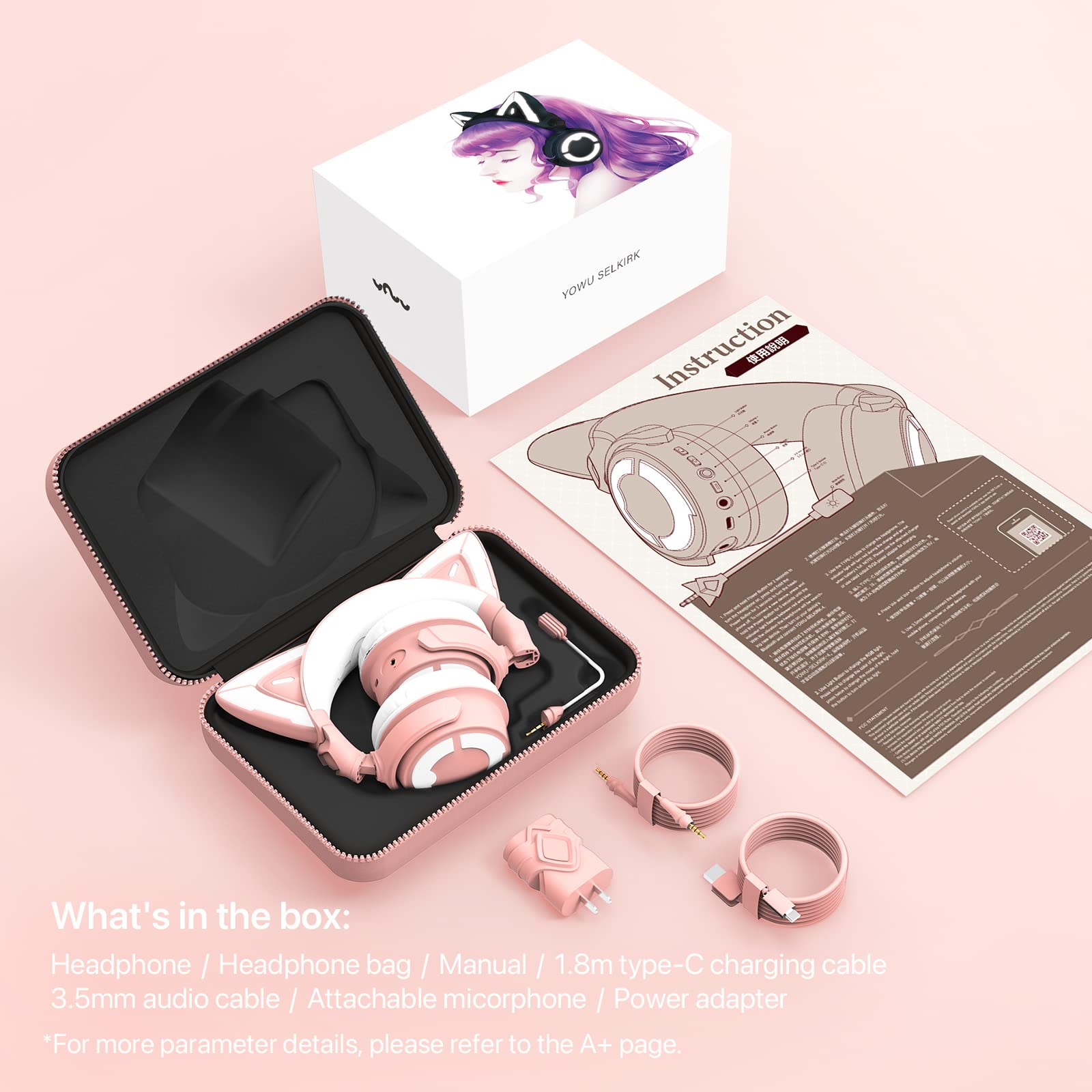 YOWU RGB Cat Ear Headphones 4 - Upgraded Wireless & Wired Gaming Headset with Detachable HD Mic, Active Noise Cancelling, Dual-Channel Stereo & Customizable LED Effects via App (Pink) - Perfect for Gaming, Streaming, Music & Cosplay