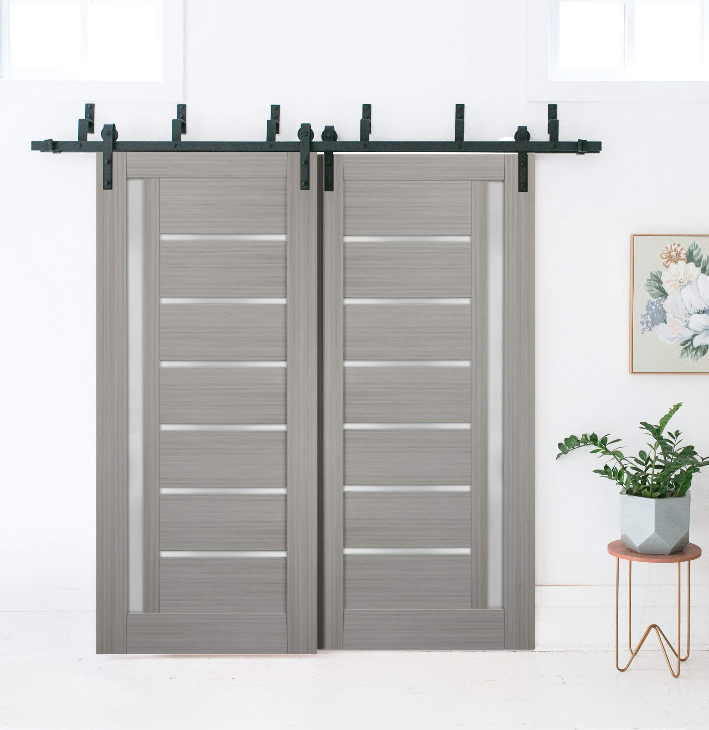 SARTODOORS 72x84 Inch Frosted Glass Sliding Barn Doors for Closet - Quadro 4088 Grey Ash Finish with Heavy Duty Top Mount 6.6ft Rails Hardware Set | Solid Wood Wardrobe Doors for Bedroom, Walk-in Closet & Modern Home Décor