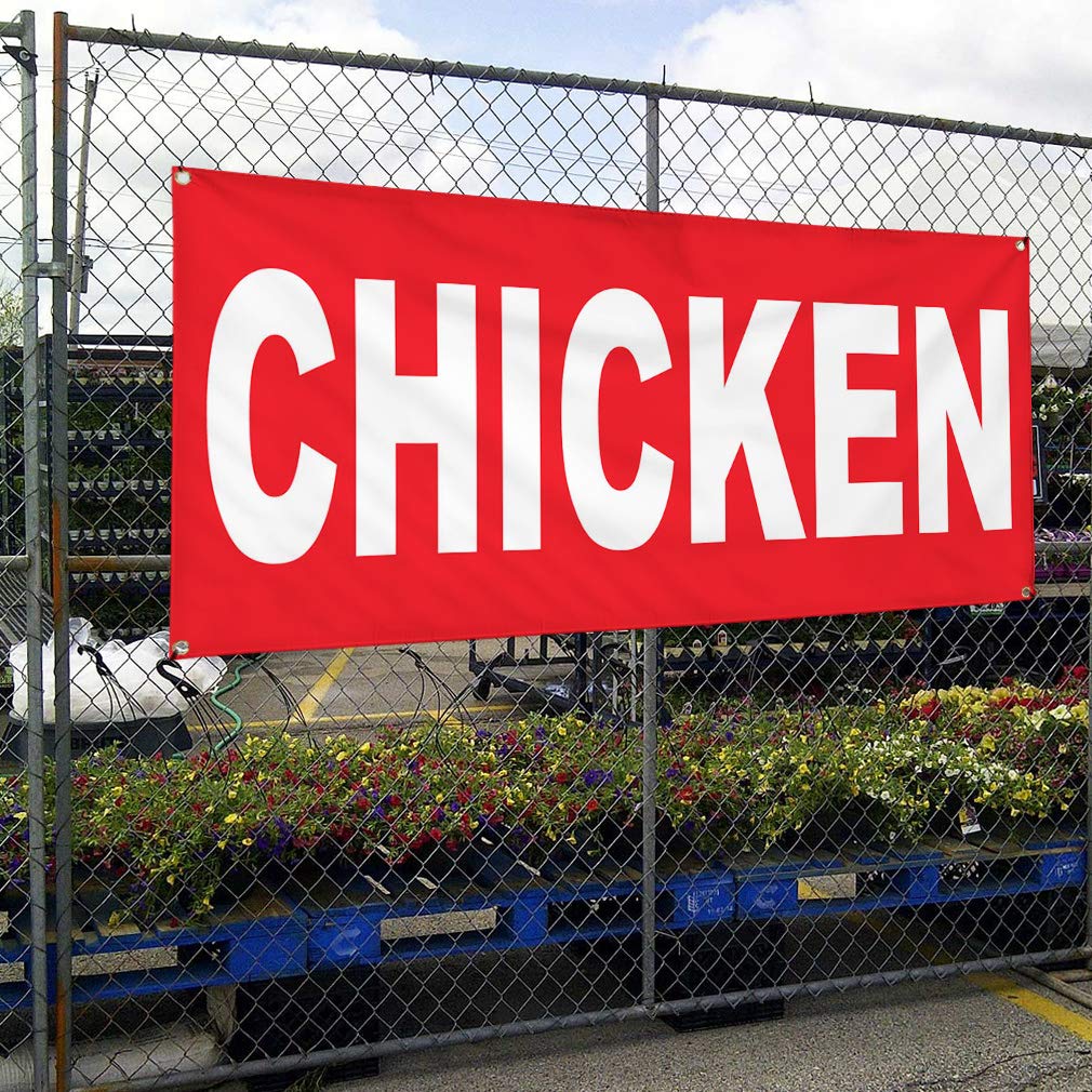 Vinyl Banner - 60x144 Inches Chicken Red Background with 10 Grommets | Weatherproof Outdoor Yard Sign for Food Trucks, Restaurants & Industrial Use | Perfect for Advertising, Events & Business Branding