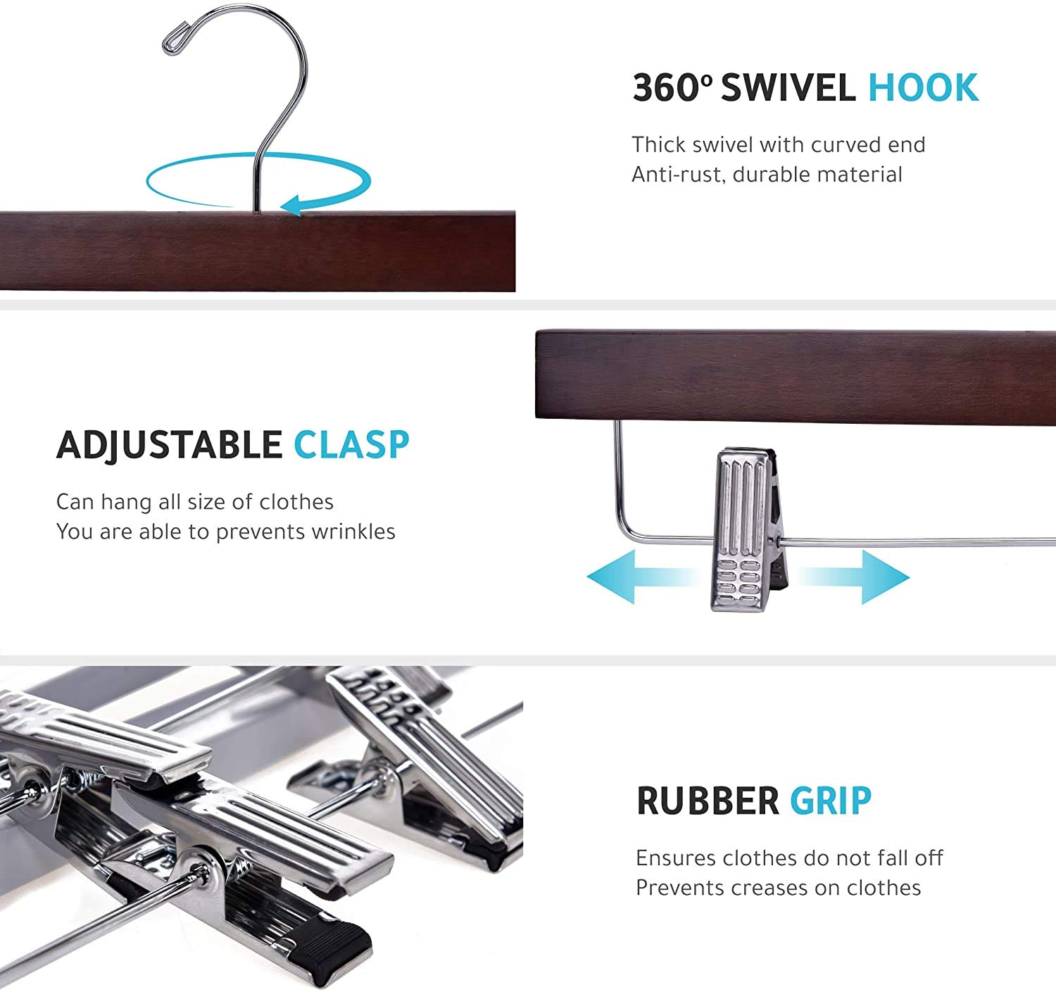 Premium 100-Pack Wooden Pants Hangers with Swivel Hooks - Adjustable Clip for Skirts, Pants, Shorts & Slacks - Durable Walnut Finish & Chrome Hooks - Space-Saving Closet Organization Solution for Home, Retail Stores & Dry Cleaners