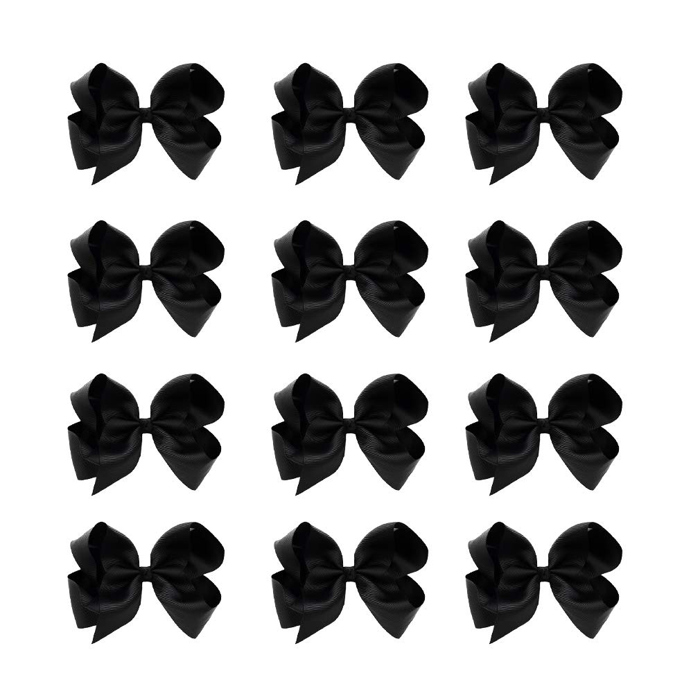 12 PCS 6 Inch Handmade Grosgrain Ribbon Hair Bows with Alligator Clips - Hair Accessories for Toddler Girls & Teens (Black) - Perfect for Parties, School & Special Occasions
