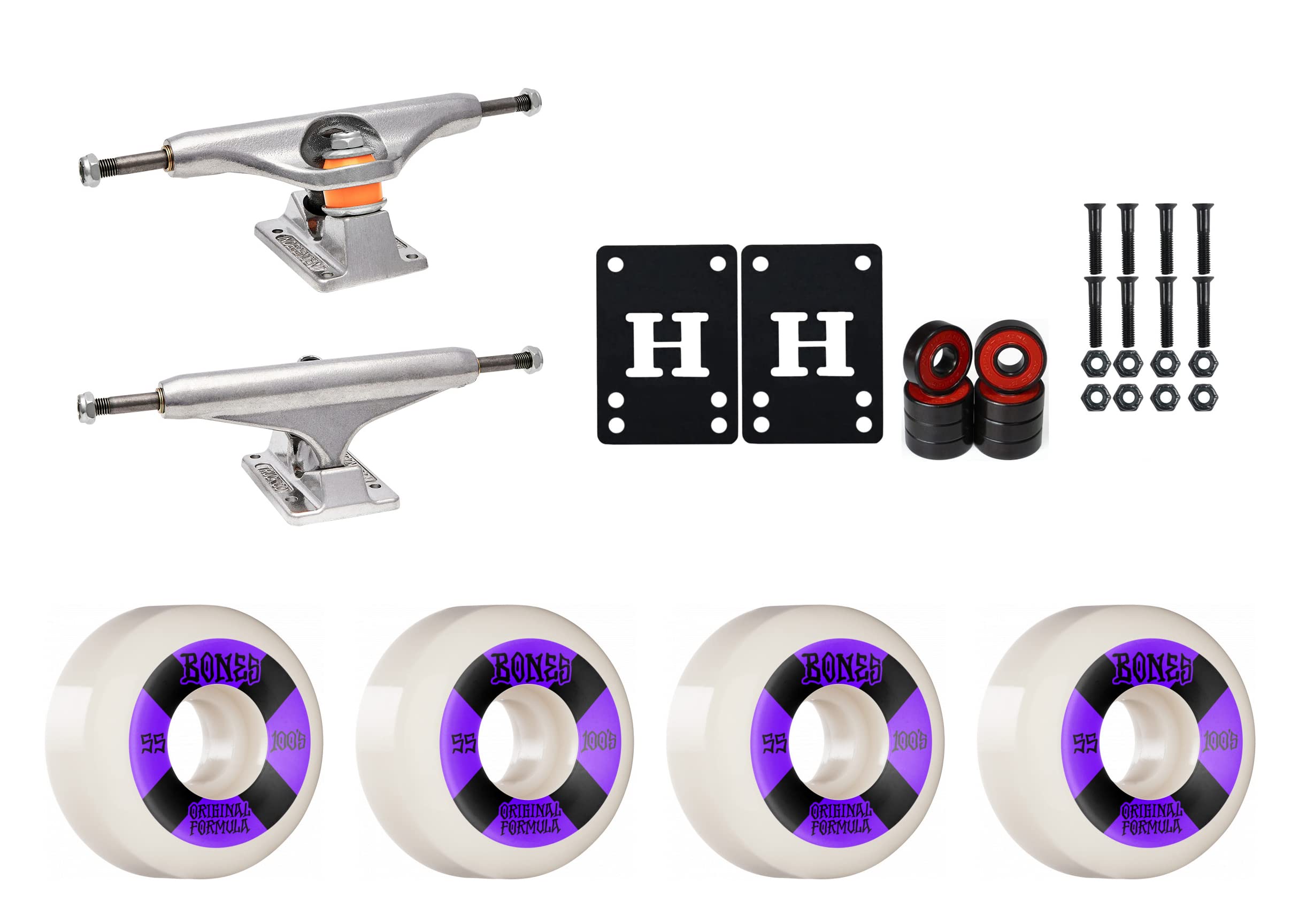 Premium Independent Skateboard Trucks (5.0, 5.5, 5.8, 6.1, 6.5, 7.0, 7.6, 8.0, 8.5, 8.75 Inch) with Bones 100 Wheels & Bearings Complete Set - Perfect for Street Skating, Park Riding & Cruising