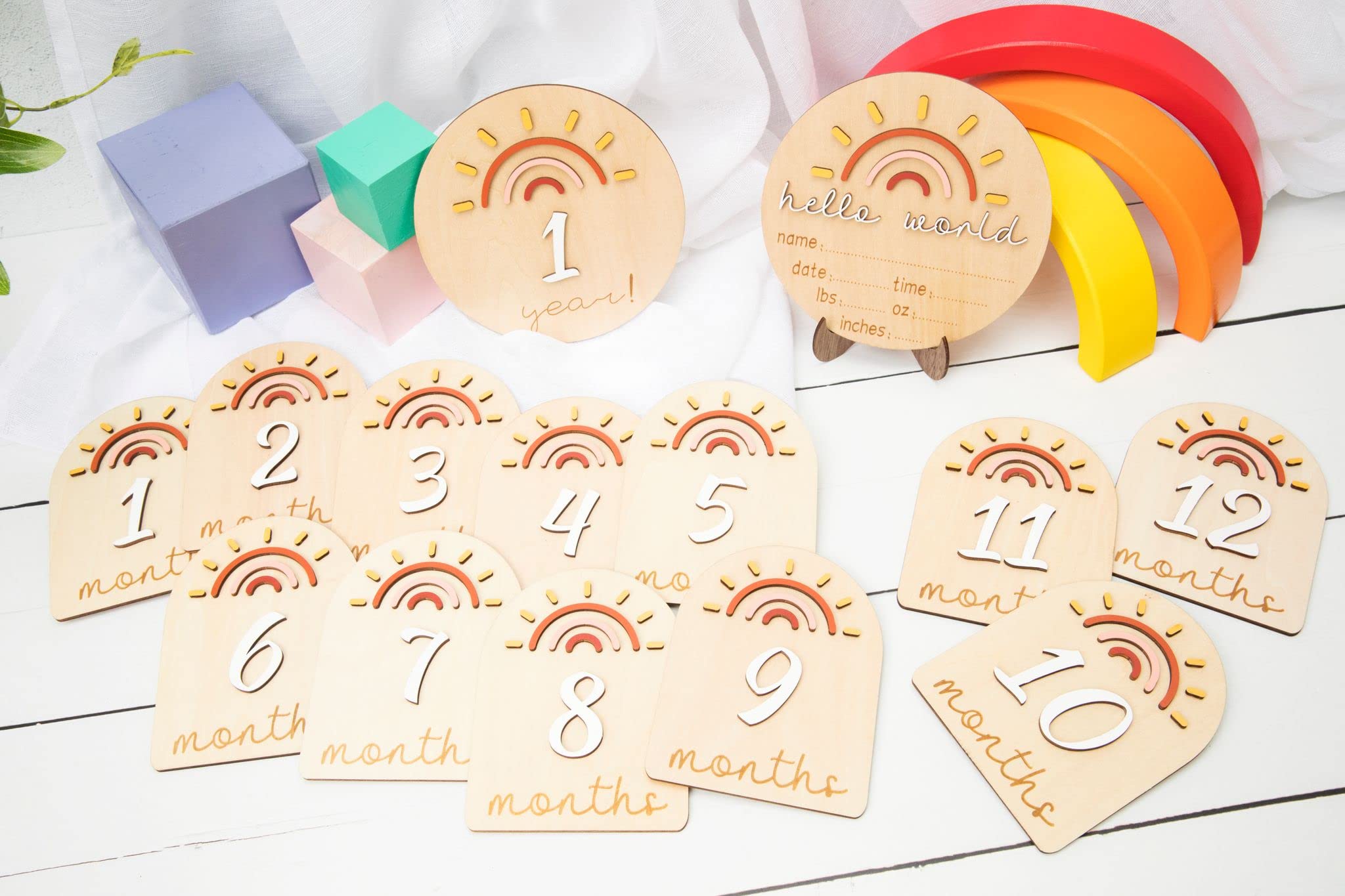 Baby Monthly Milestone Growth Announcement Cards - Wooden Photo Props with Sunshine & Rainbow Boho Design - Perfect for Newborn Photoshoots, First Year Memory Keepsakes, and Pregnancy Gifts