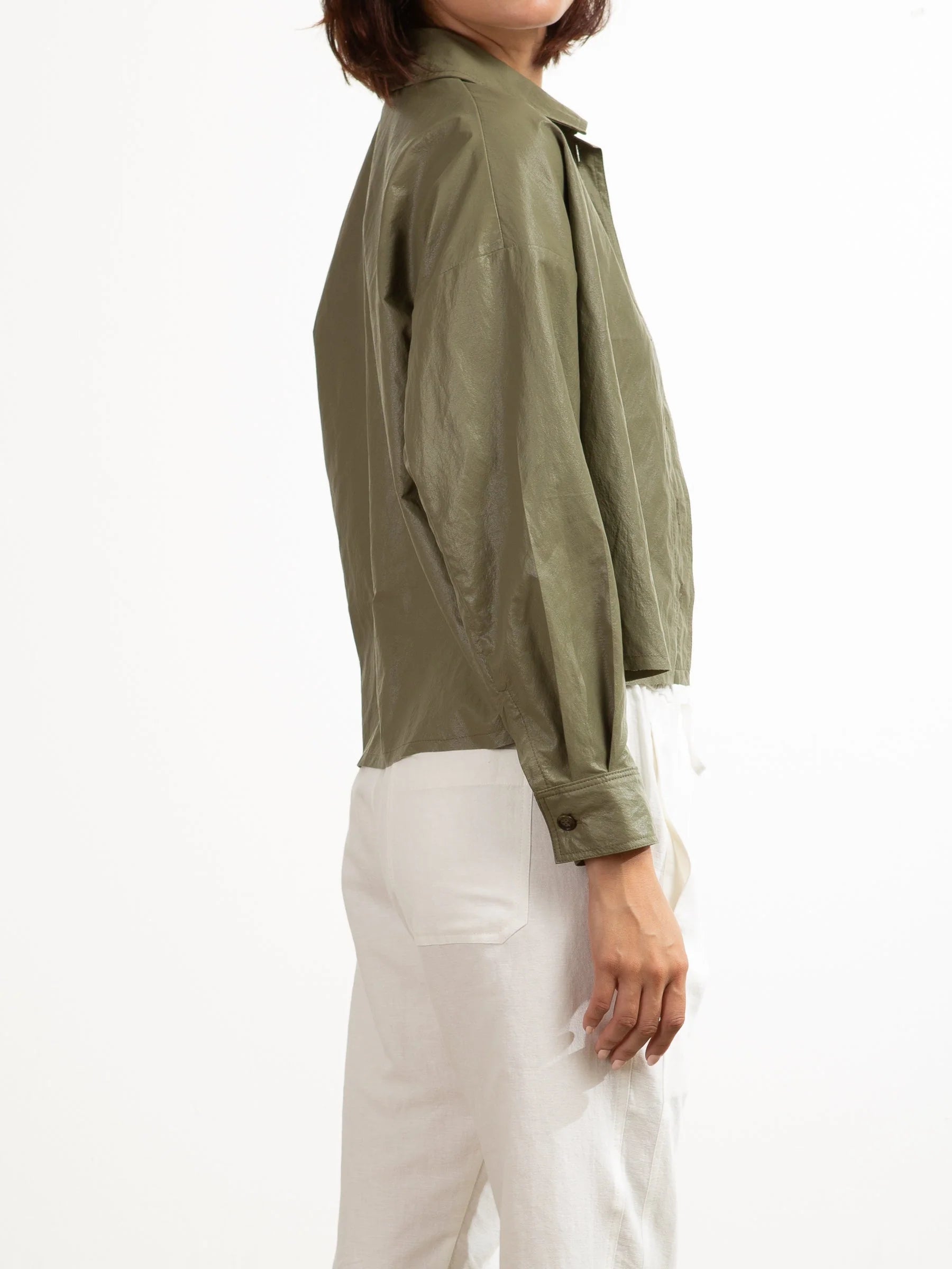 Esme Crop Faux Leather Shirt in Army Green - Stylish Vegan Leather Top for Women | Perfect for Night Out, Party & Streetwear Fashion
