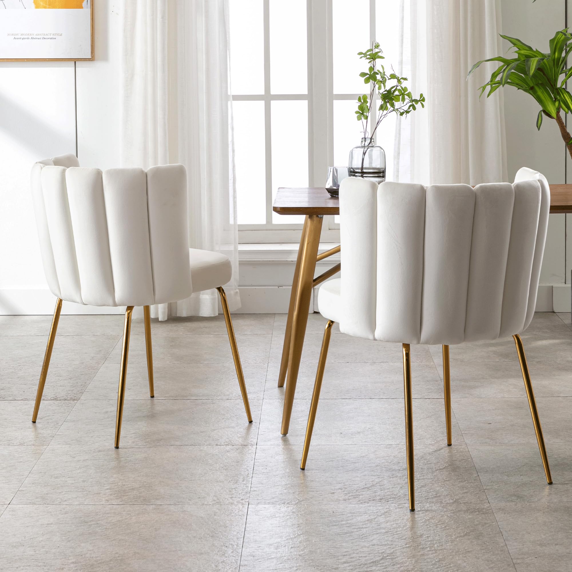 Modern Velvet Accent Dining Chairs Set of 2 - Upholstered Kitchen & Living Room Side Chairs with Gold Metal Legs, Cream - Perfect for Home, Restaurant, and Office Use