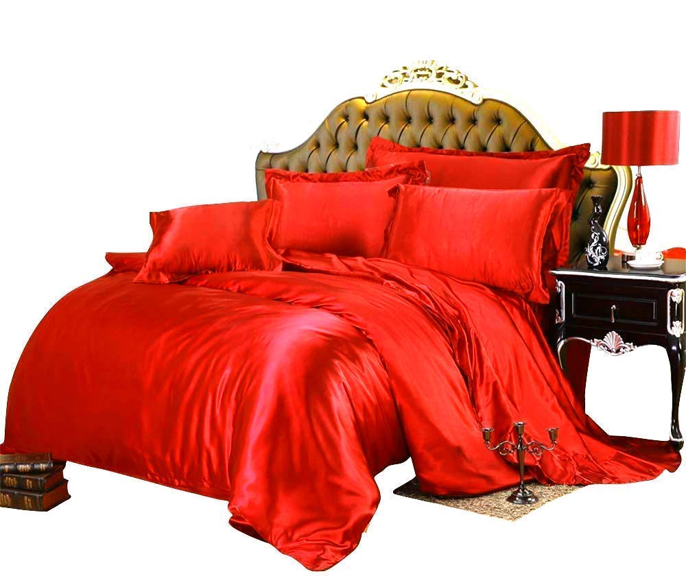 World of Bedding Twin Comforter Set - 7 Piece Satin Twin Size Bedding Set (Comforter, Flat Sheet, Fitted Sheet 18'', 4 Pillowcases) 600 GSM Red Duvet Insert | Luxury Satin Bedding for Teens, Guest Rooms & Dorm Decor