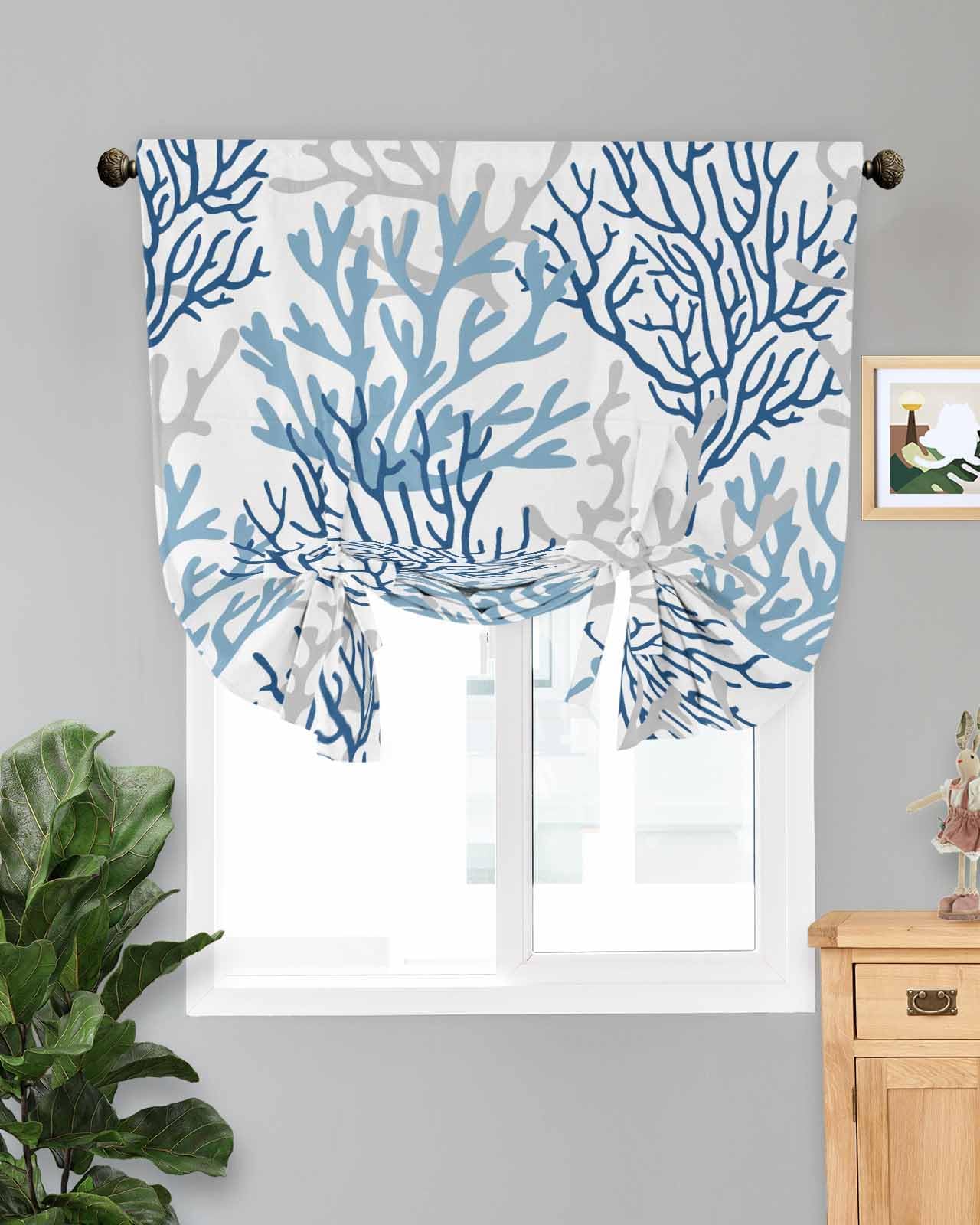 Navy Blue & Grey Coastal Tie-Up Curtains 63