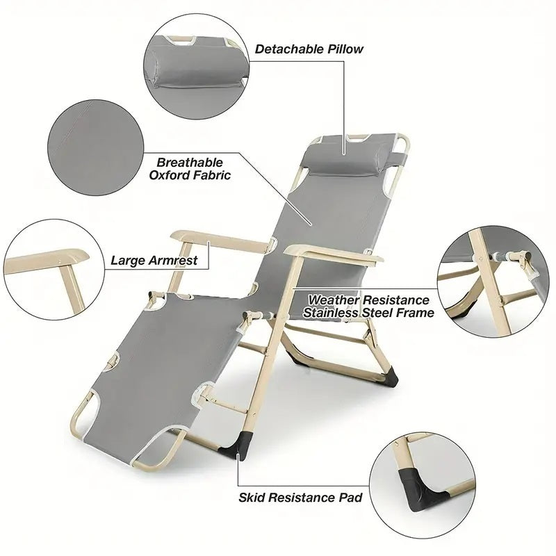 Premium Grey Deck Chair - Heavy Duty Folding Outdoor Lounge Chair for Patio, Poolside, Beach & Garden Relaxation