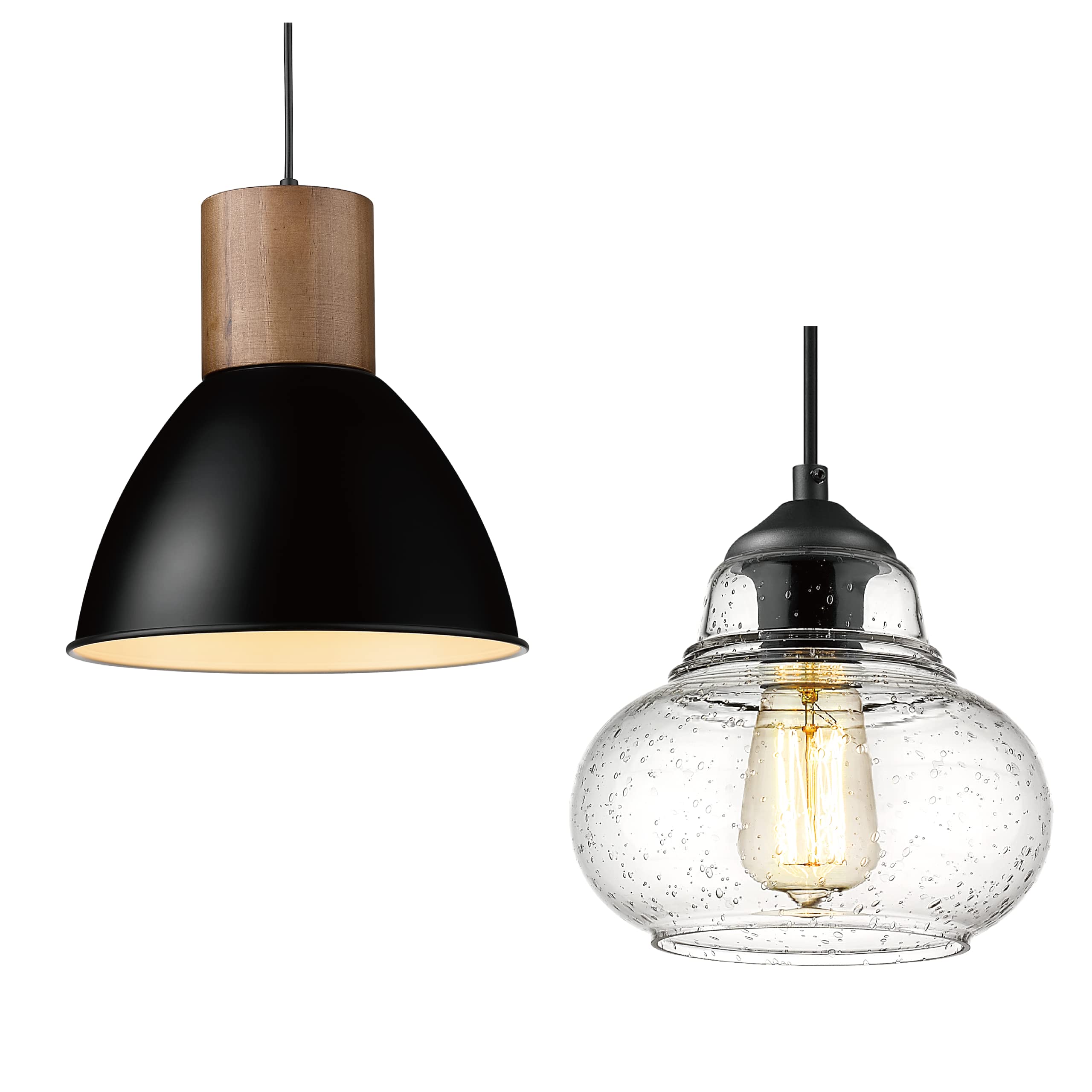 ELYONA Modern Wood Pendant Light with Hand-Blown Seeded Glass Shade - 8 Inch Industrial Hanging Light Fixture for Kitchen Island, Farmhouse Dining Room, Bar, Bedroom & Living Room | Perfect for Ambient Lighting Over Dining Tables, Kitchen Counters and Entryways