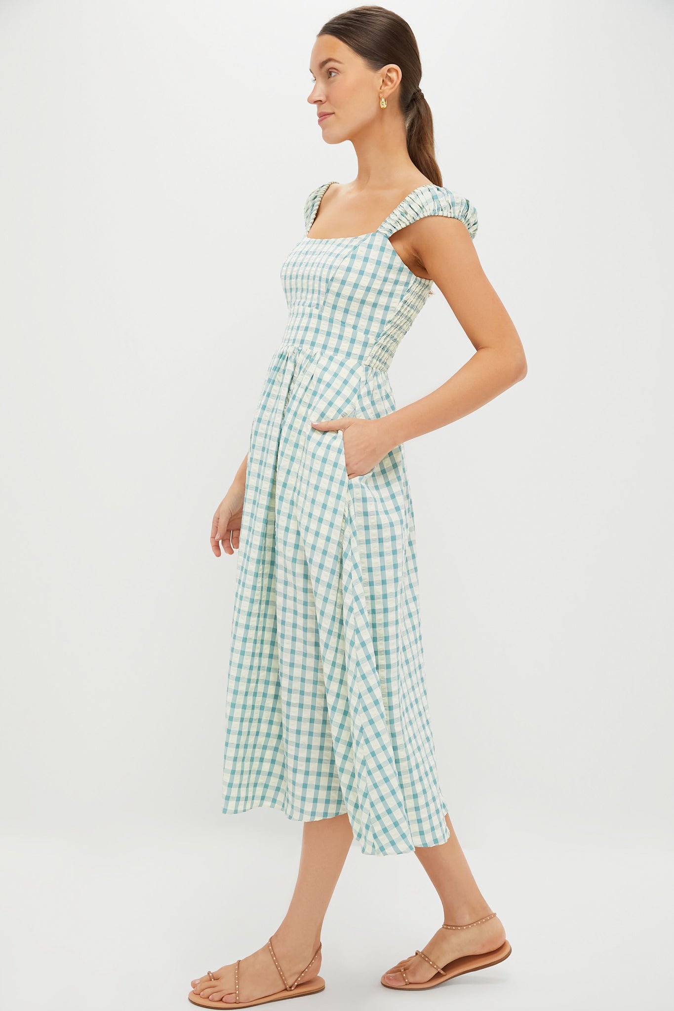 Blue Gingham Seersucker Amy Dress - Summer Floral Print Women's Dress for Beach Vacation, Garden Party & Casual Outings
